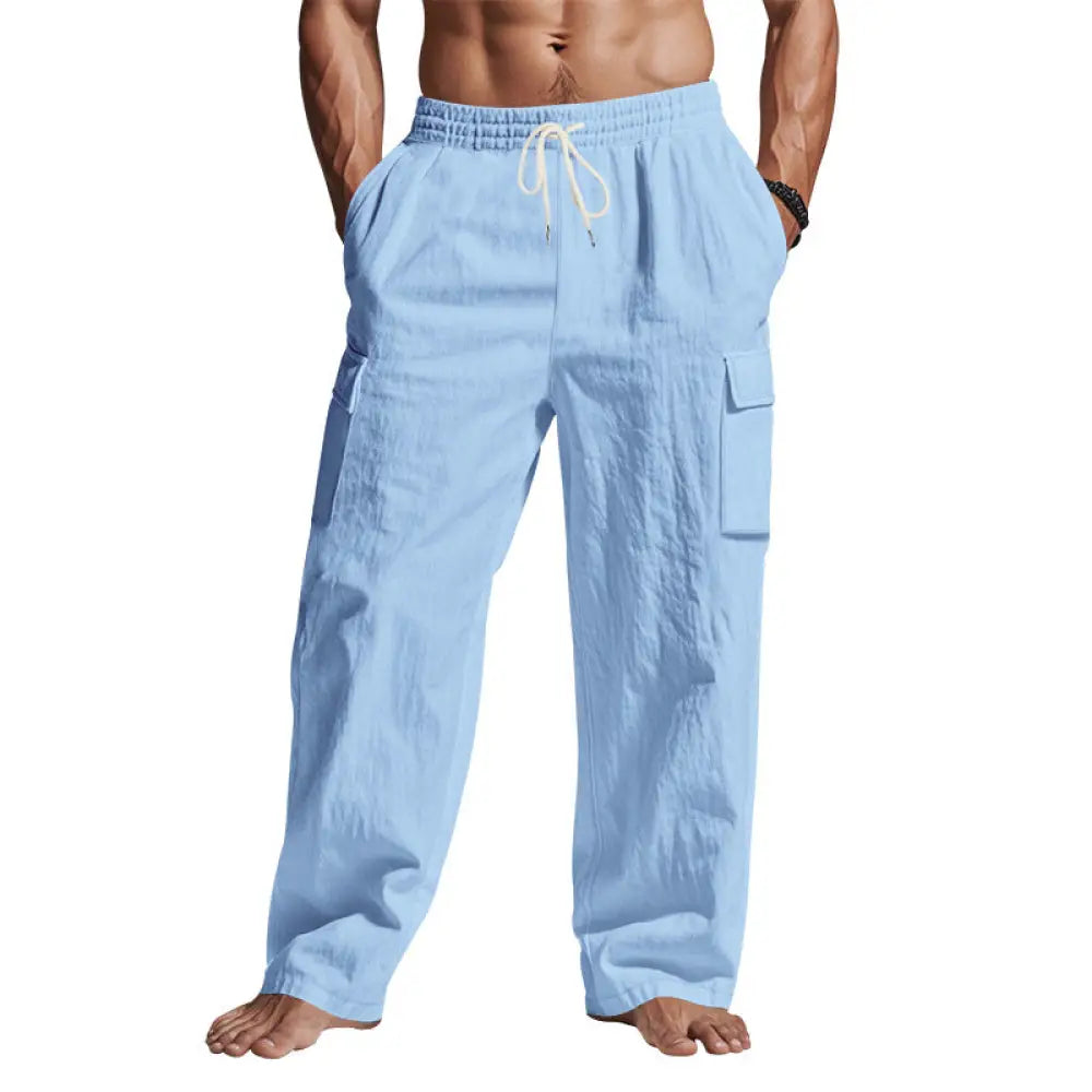 Men’s loose fit breathable light blue linen wide leg cargo pants with side pockets and drawstring waistband