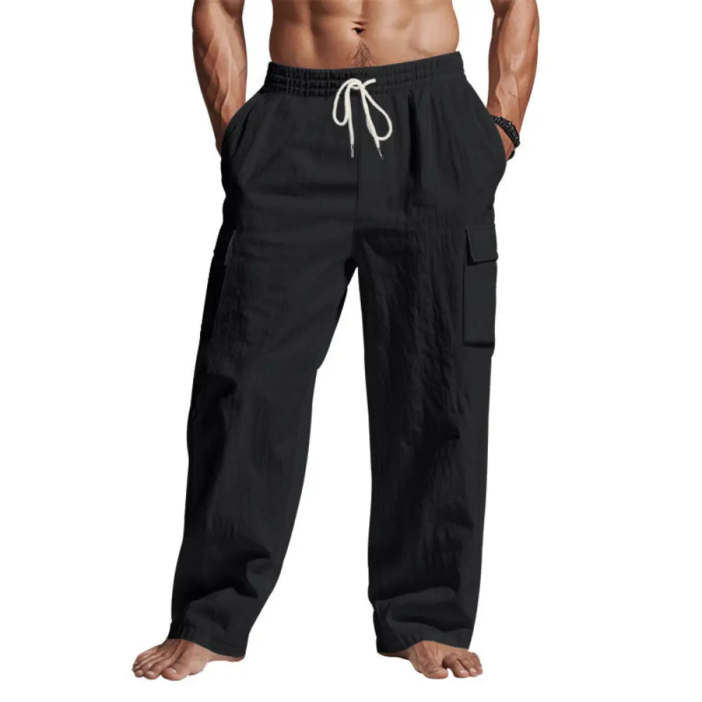 Men’s black loose fit breathable linen wide leg cargo pants with drawstring waist and side pockets
