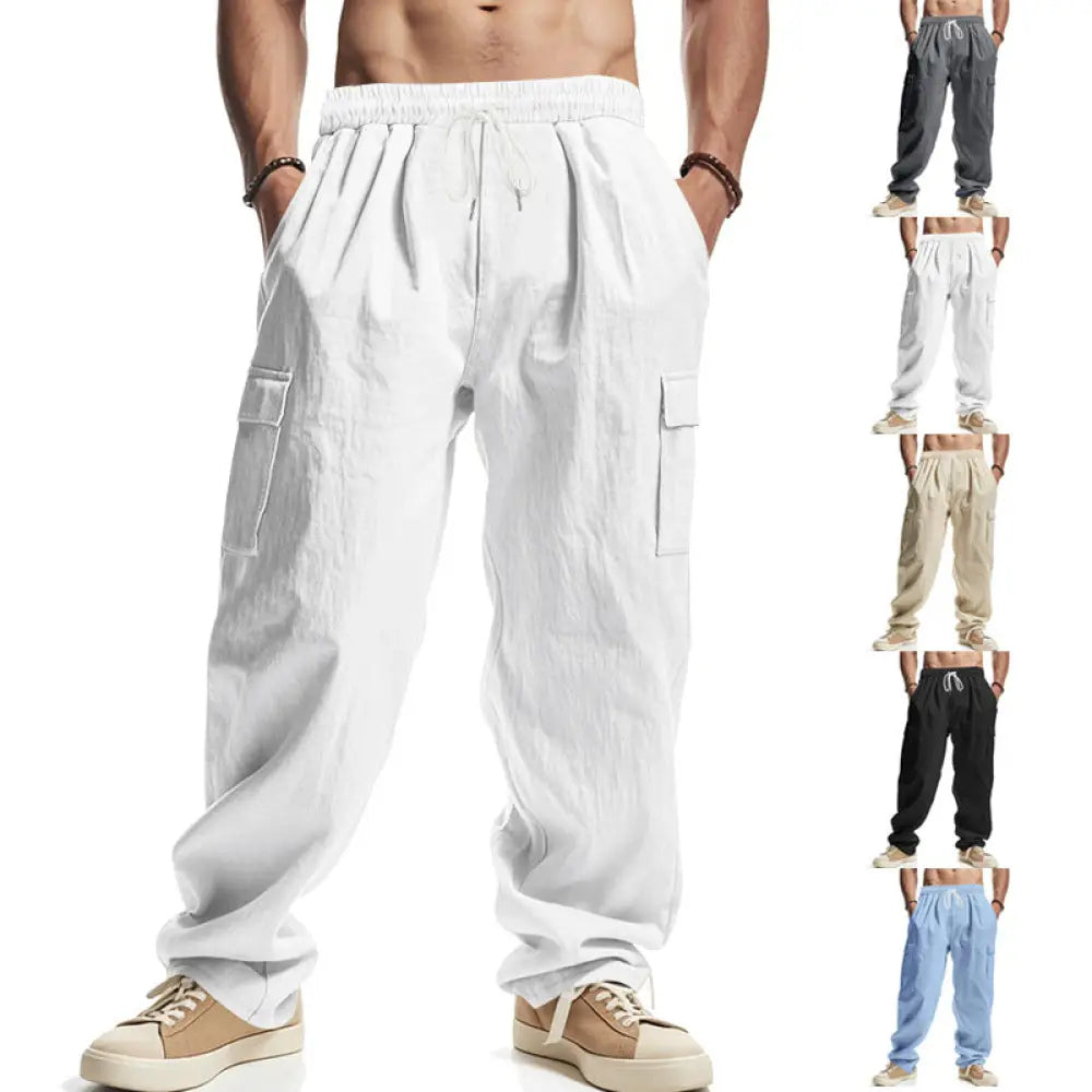 Men’s white linen cargo pants with elastic waistband and side pockets featuring a loose breathable wide leg fit