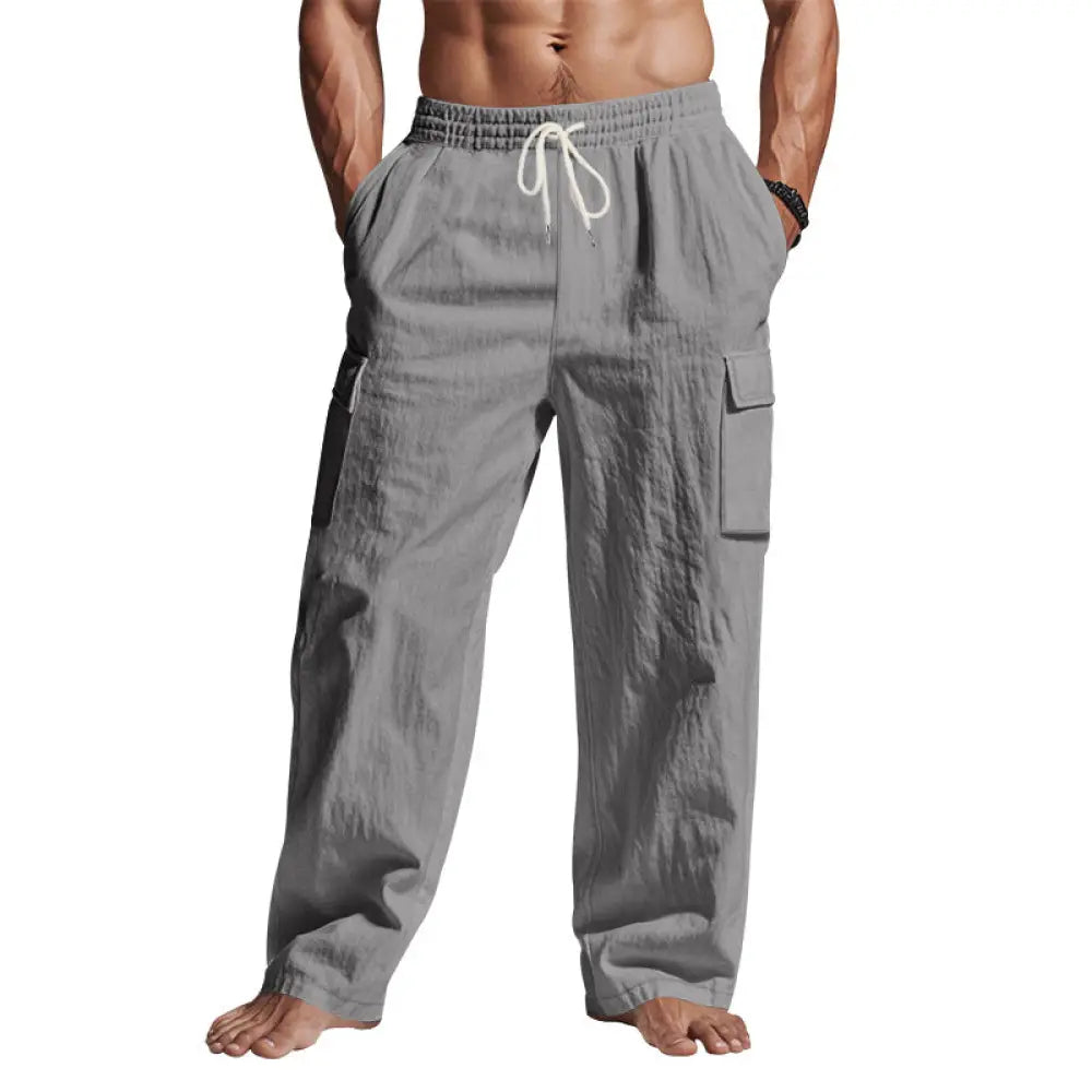 Men’s gray loose fit breathable linen wide leg cargo pants with drawstring waist and multiple side pockets