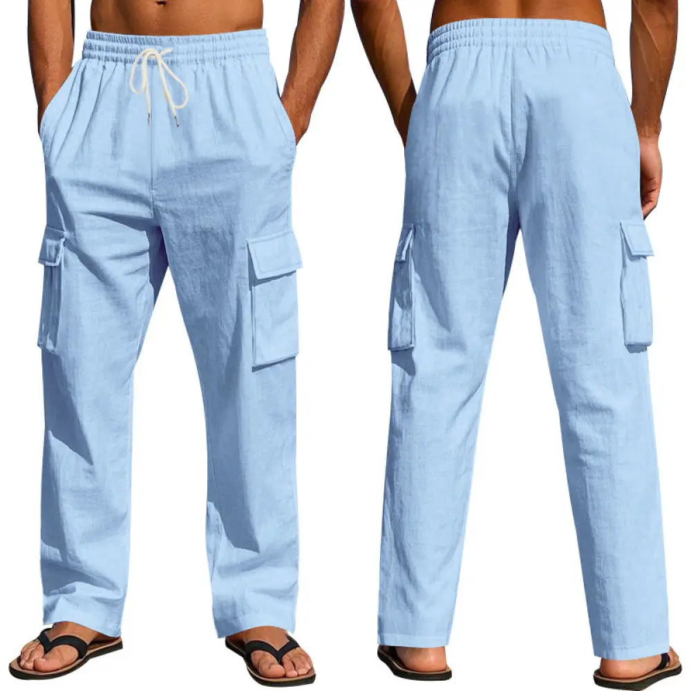 Men’s loose fit breathable light blue linen cargo pants with wide legs side pockets and a drawstring waistband