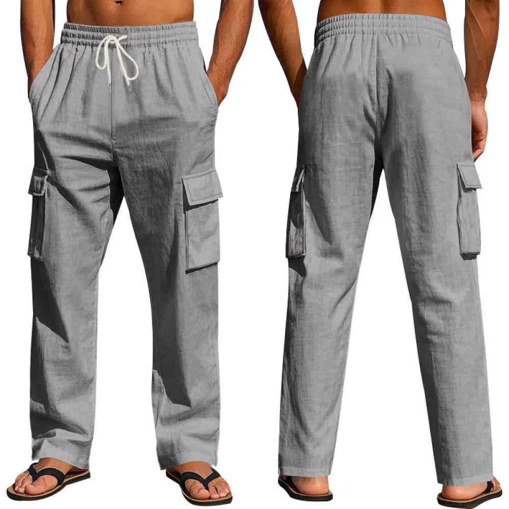 Men’s loose fit breathable gray linen wide leg cargo pants with white drawstring waistband and multiple side pockets