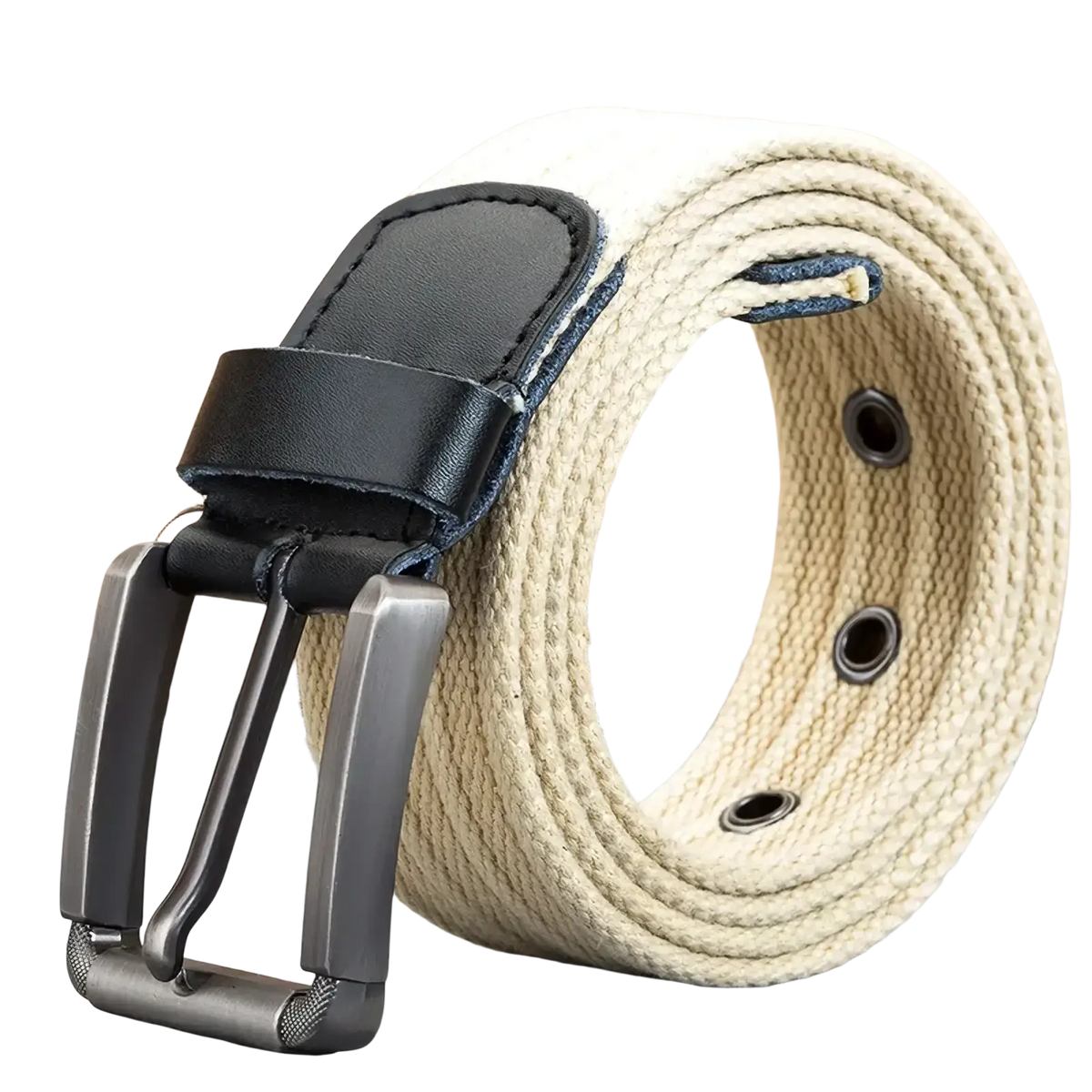 Beige woven canvas belt with black leather accent and silver-toned pin buckle men’s woven canvas belt