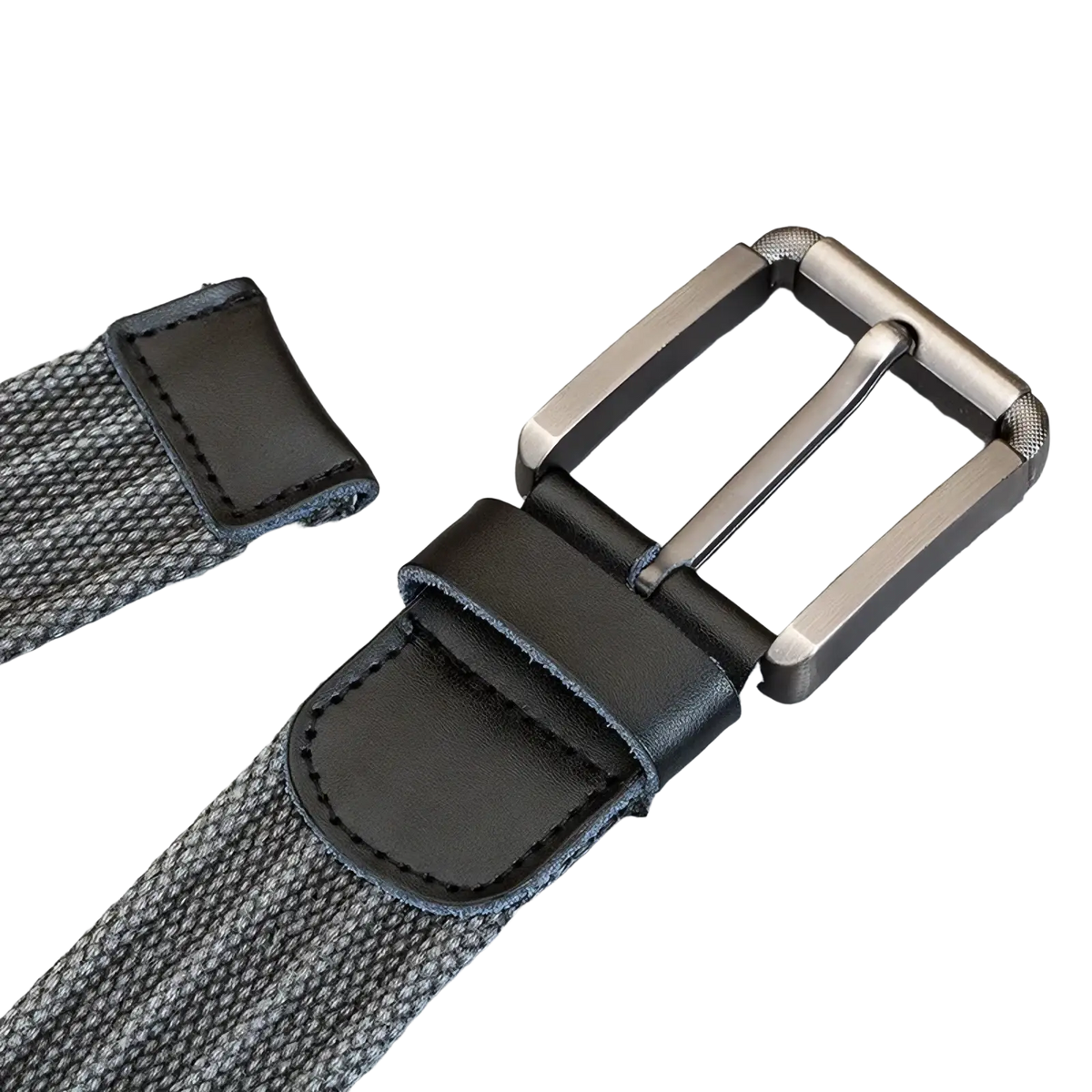 Men’s black woven canvas belt with matte finished metal pin buckle and leather keeper for casual wear
