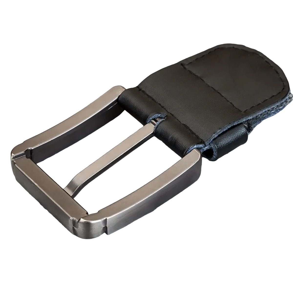 Men’s woven canvas belt with black leather pin buckle and gray woven fabric strap with matte silver-tone metal buckle