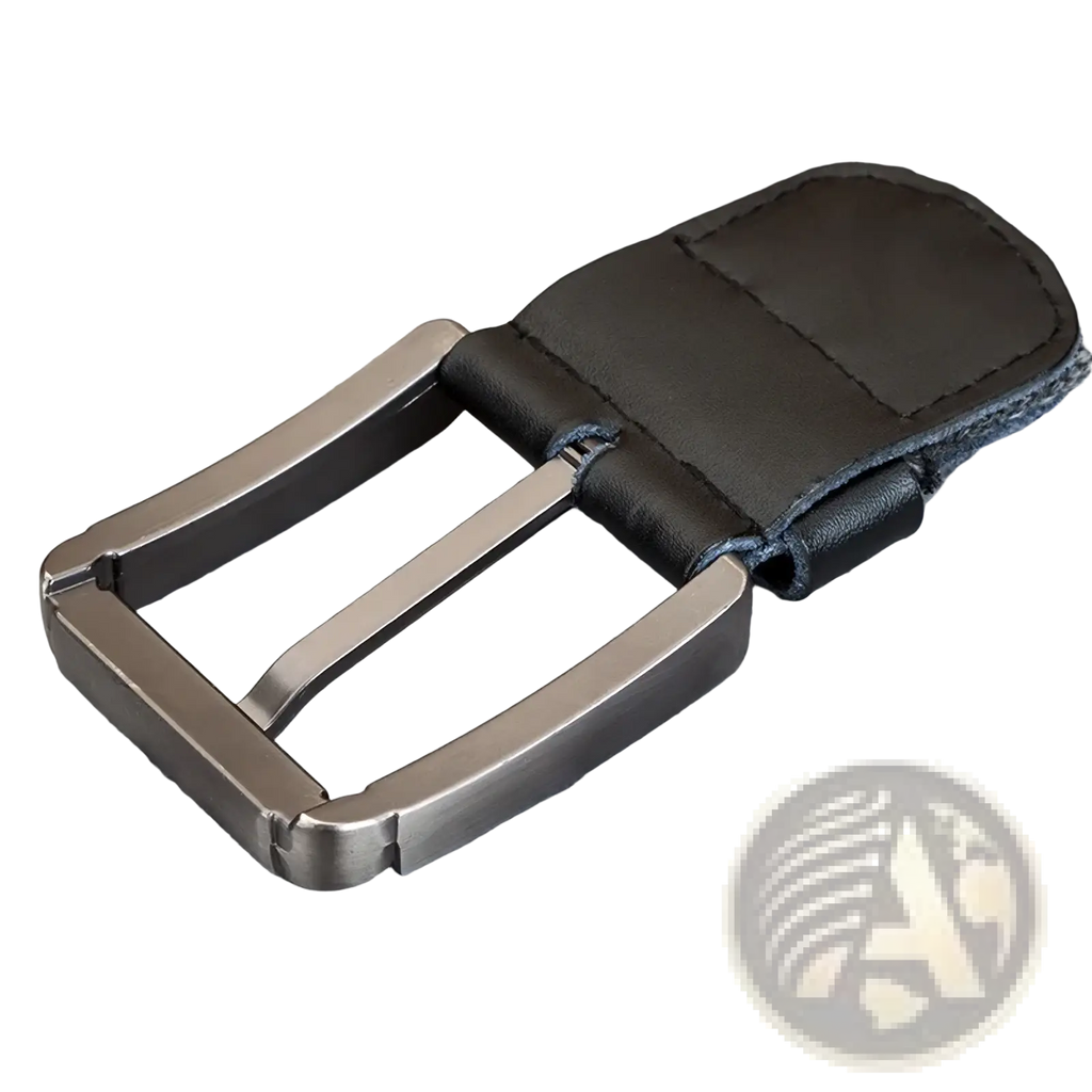 Men’s woven canvas belt with black leather pin buckle and gray woven fabric strap with matte silver-tone metal buckle