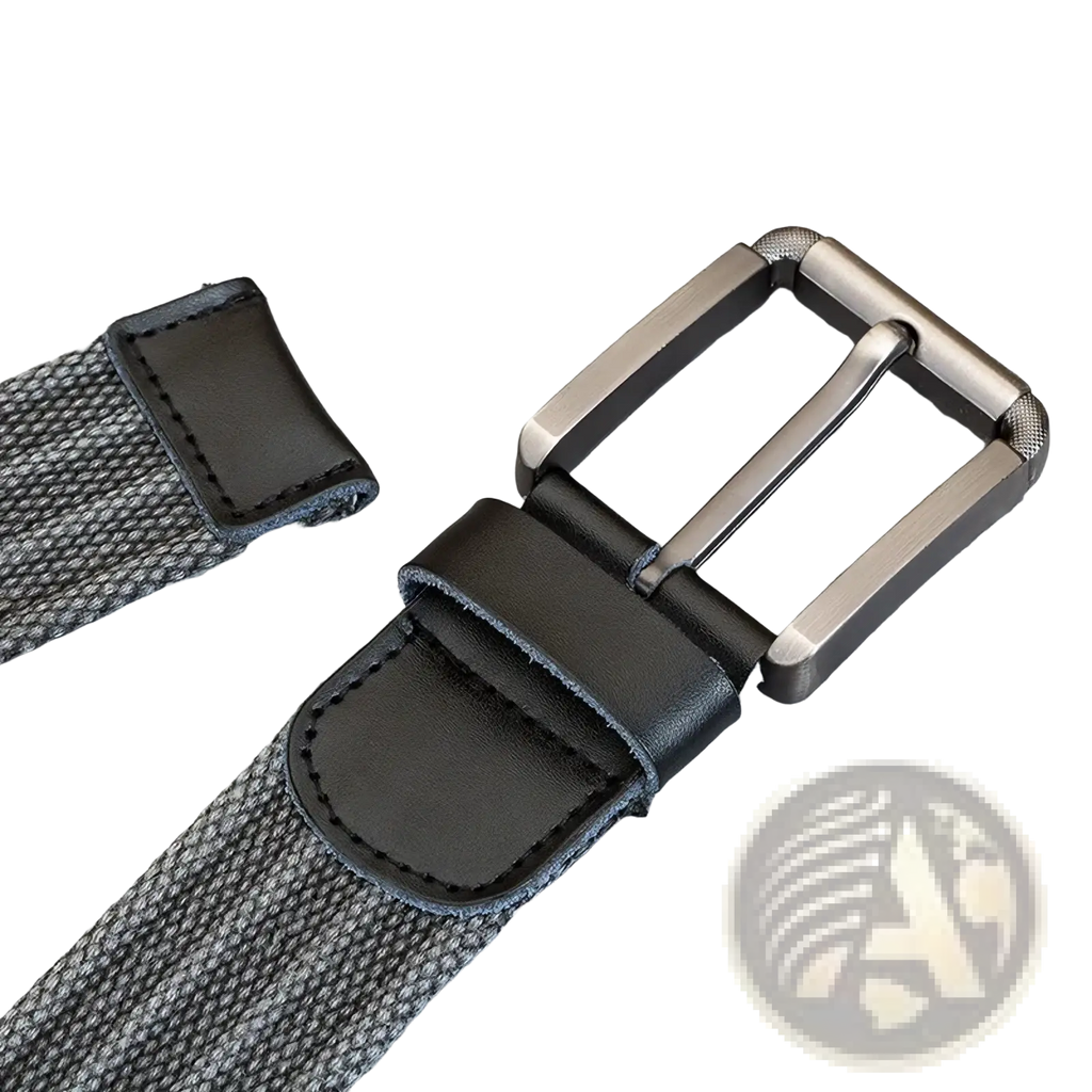 Men’s black woven canvas belt with matte finished metal pin buckle and leather keeper for casual wear