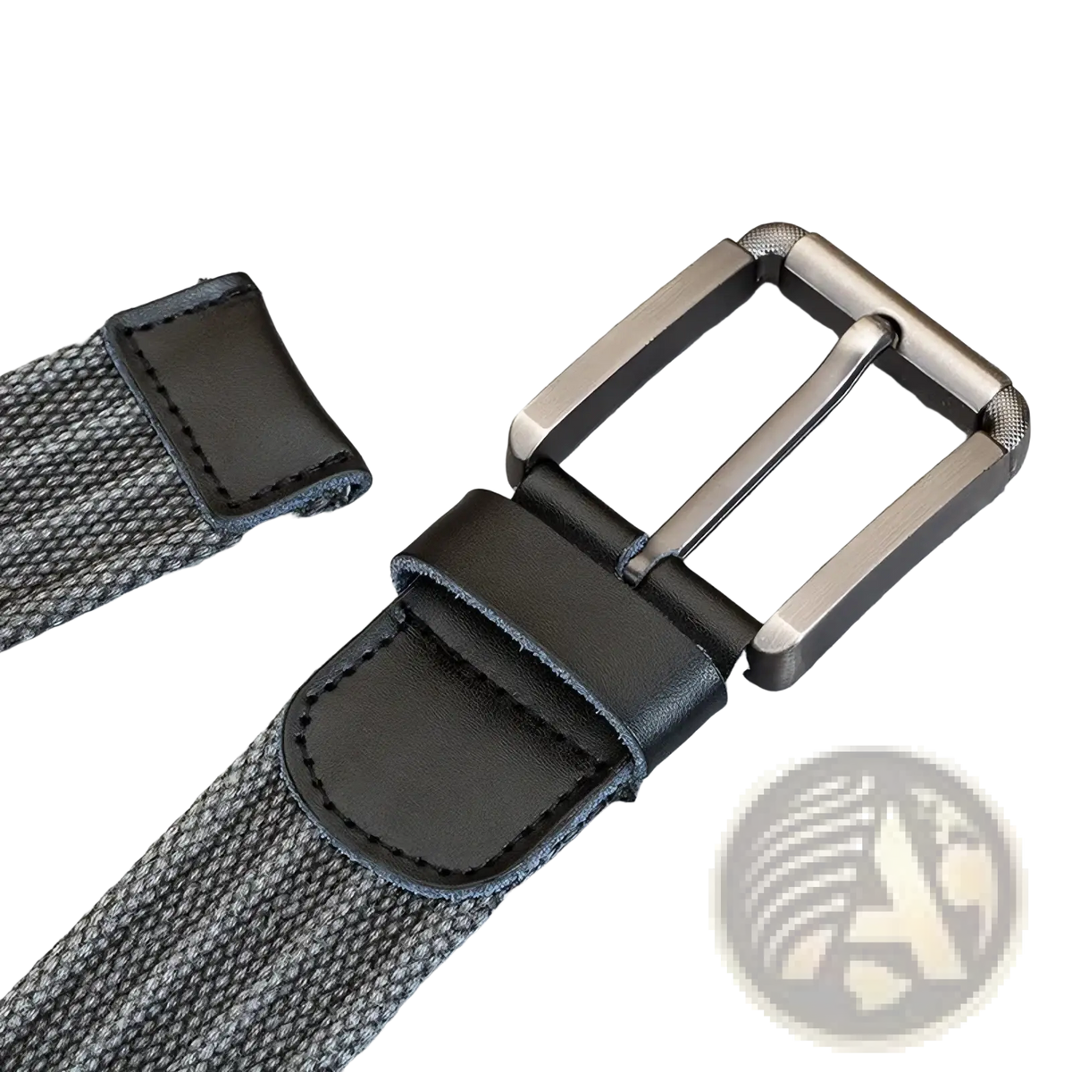 Men’s black woven canvas belt with matte finished metal pin buckle and leather keeper for casual wear