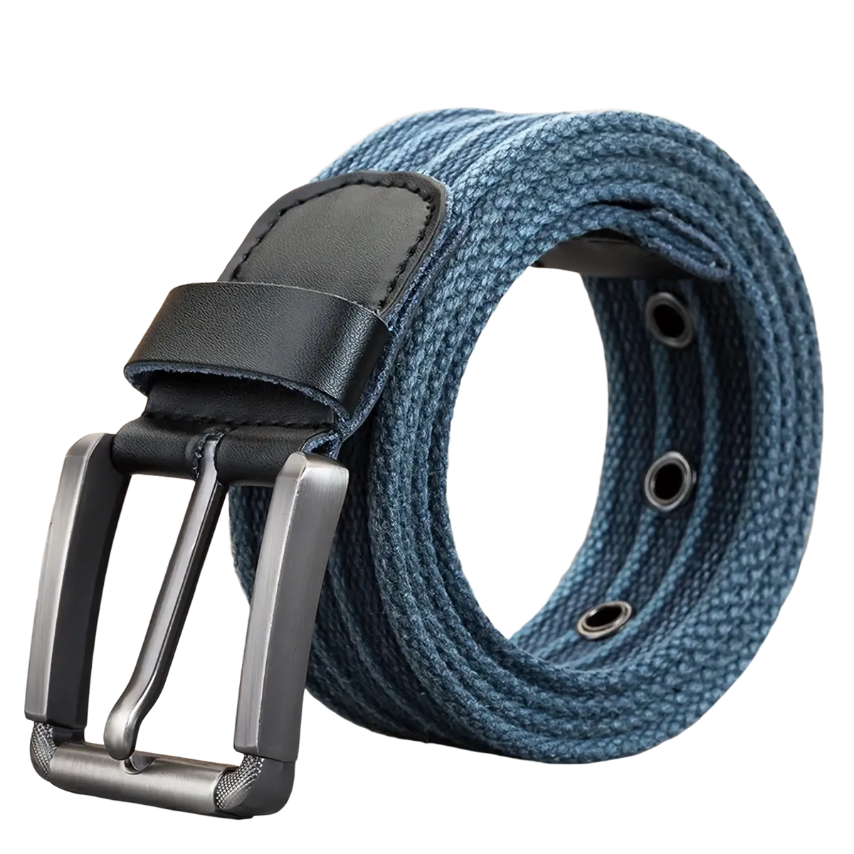 Men’s woven canvas belt pin buckle with blue woven material black leather tab and matte silver buckle
