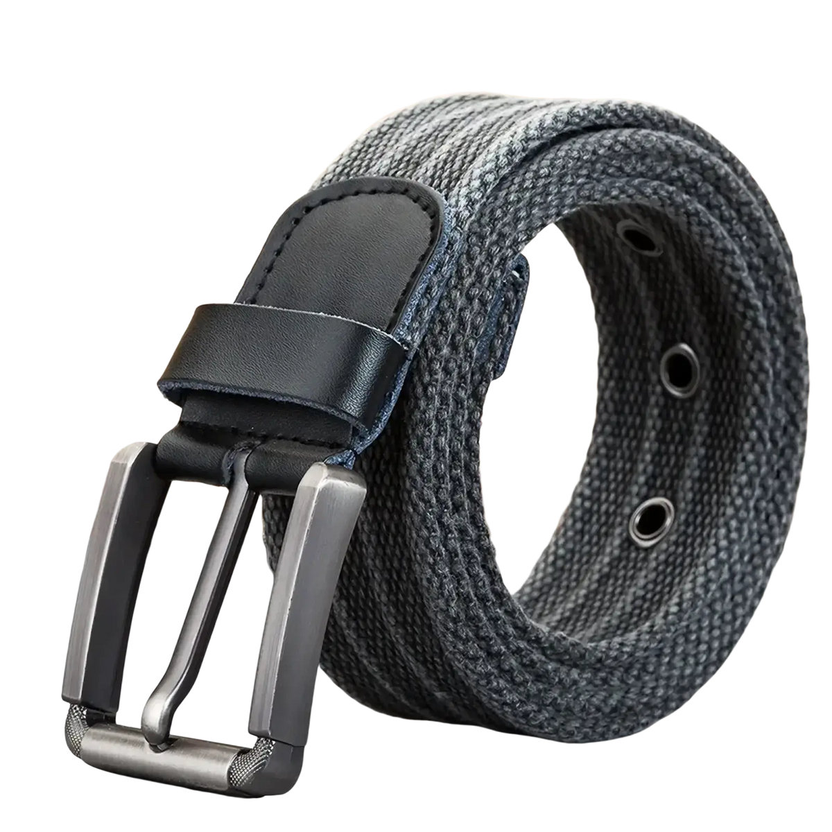 Men’s dark gray woven canvas belt with matte black leather tab and silver-toned pin buckle woven canvas belt