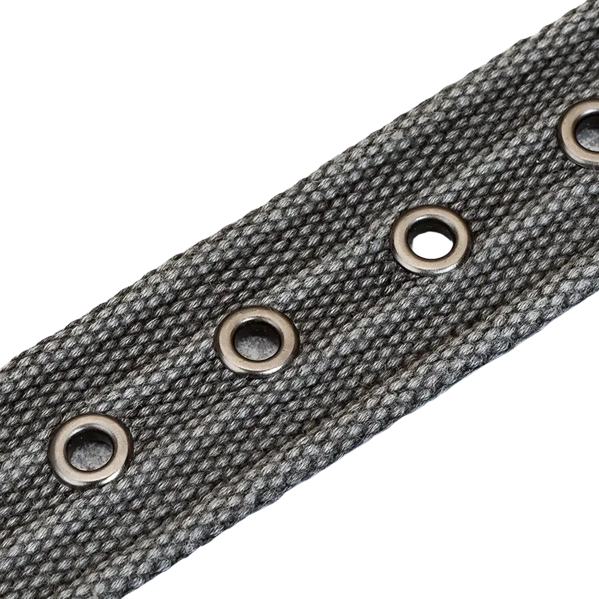 Men’s woven canvas belt in dark gray with a pin buckle and evenly spaced metallic grommets on the strap