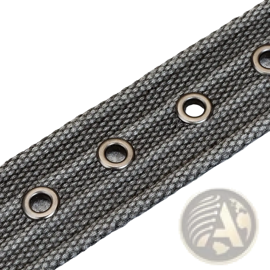 Men’s woven canvas belt in dark gray with a pin buckle and evenly spaced metallic grommets on the strap
