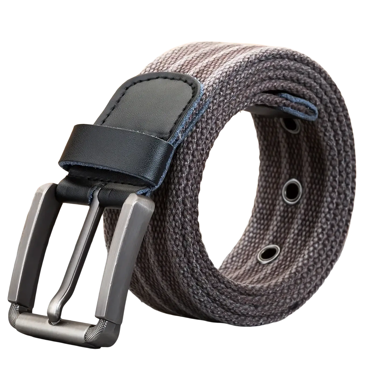 Men’s woven canvas belt with gray strap black leather detail and silver toned metal pin buckle