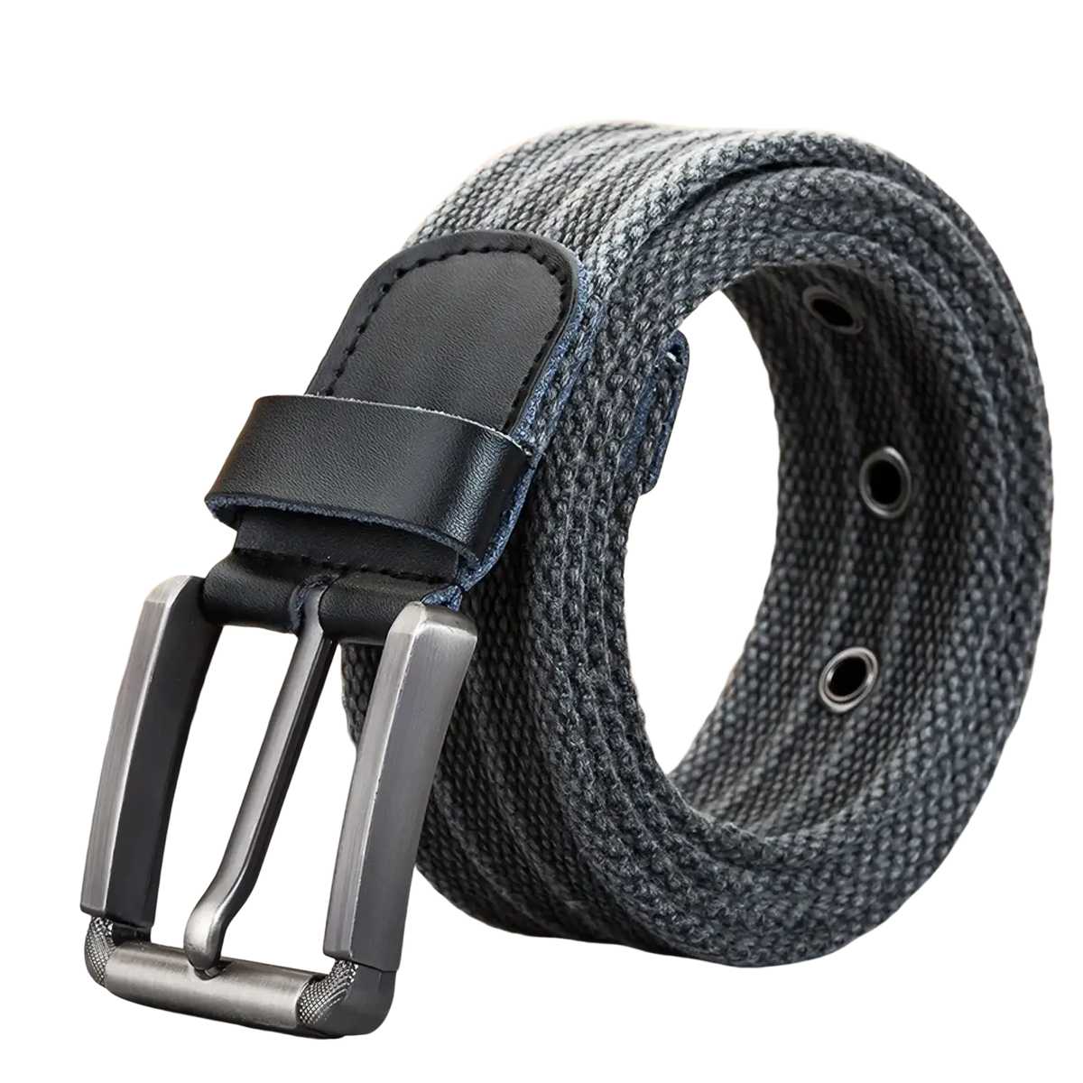 Men’s woven canvas belt with gray fabric, black leather tab, and silver toned metal pin buckle
