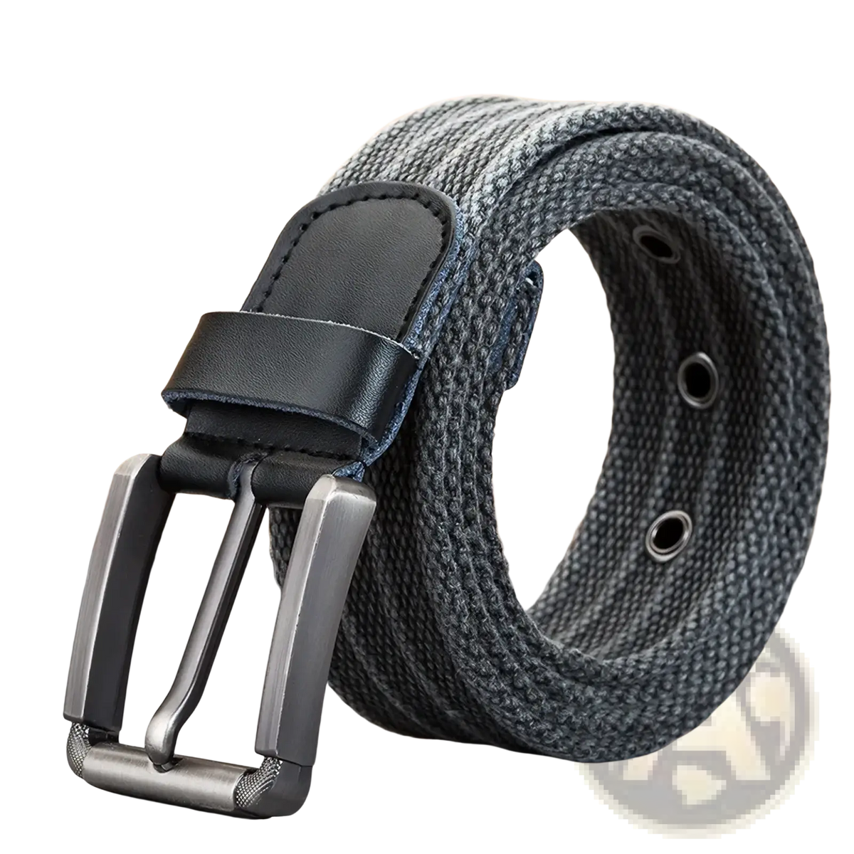 Men’s woven canvas belt with gray fabric, black leather tab, and silver toned metal pin buckle