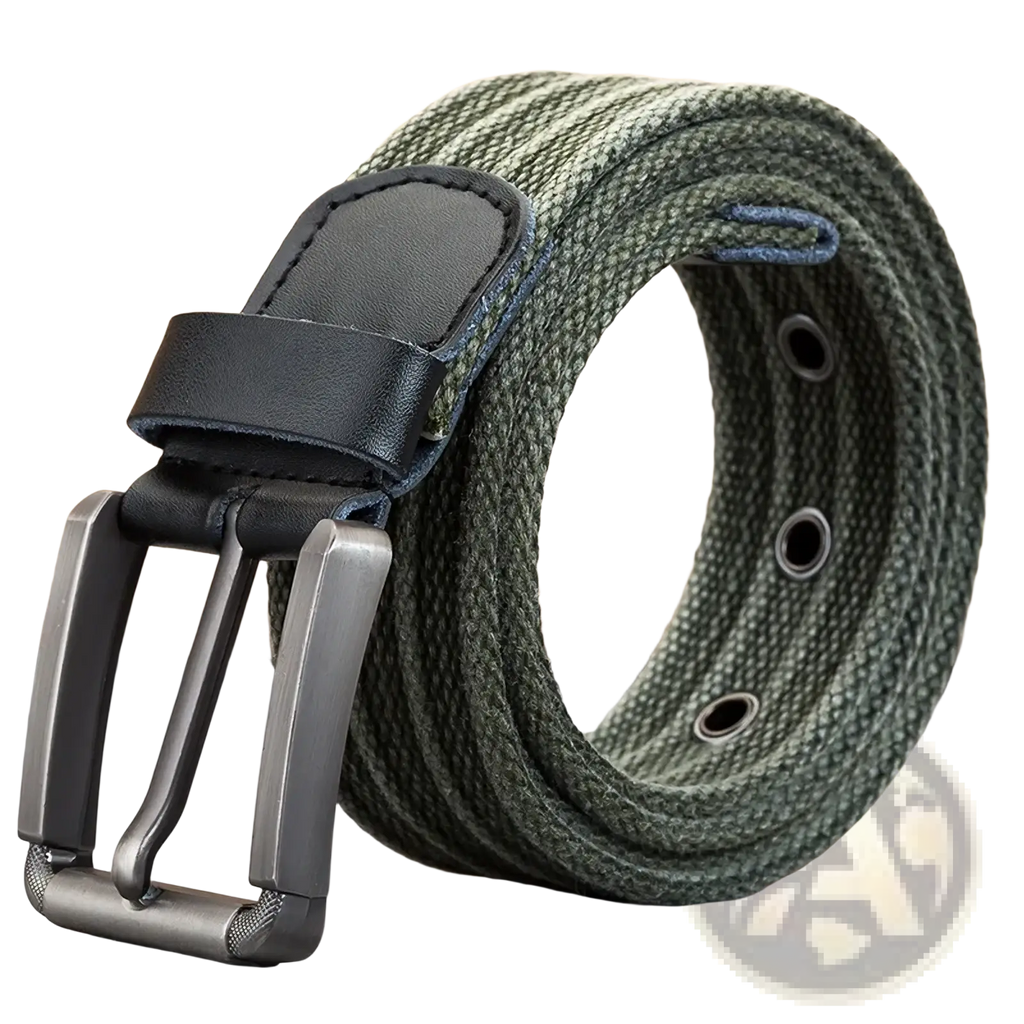 Men’s olive green woven canvas belt with a matte black leather tab and silver-toned metal pin buckle