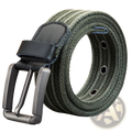 Men’s olive green woven canvas belt with a matte black leather tab and silver-toned metal pin buckle