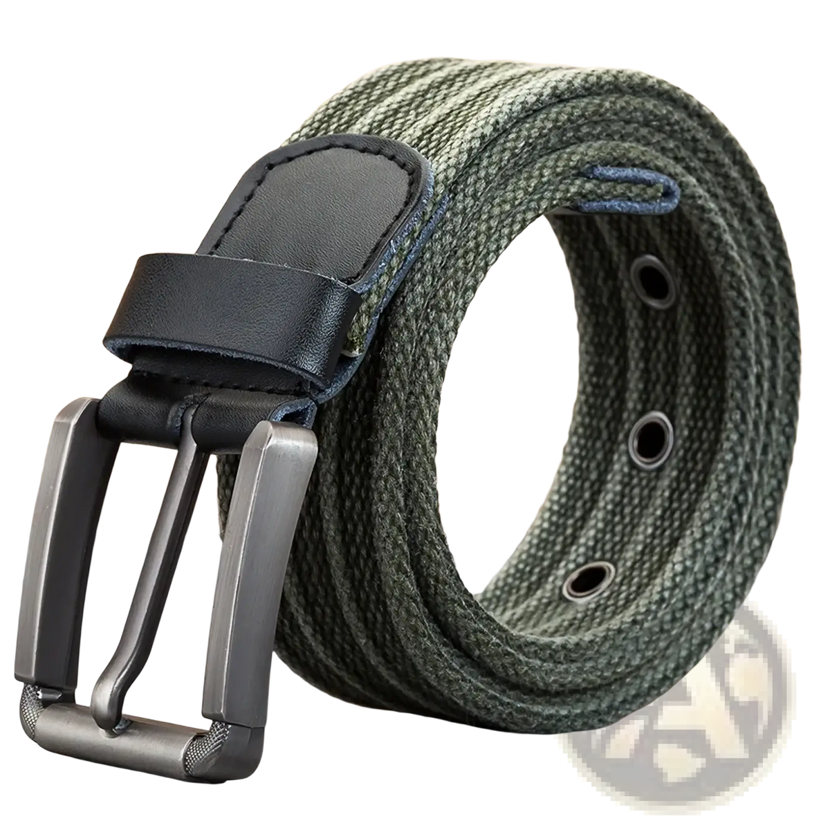 Men’s olive green woven canvas belt with a matte black leather tab and silver-toned metal pin buckle