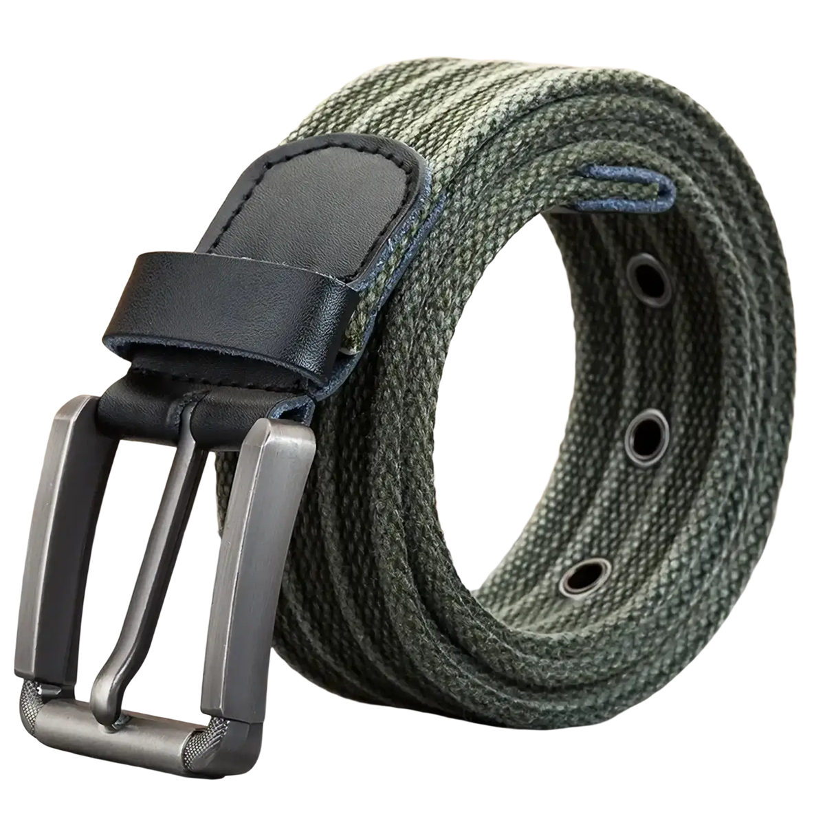 Men’s olive green woven canvas belt with matte black leather strap and silver-toned metal pin buckle
