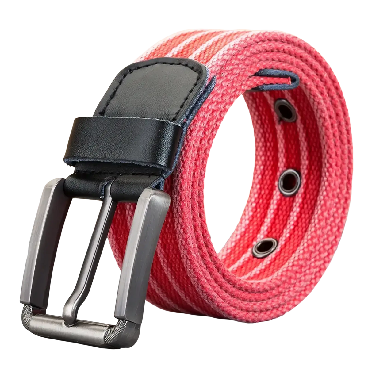 Men’s woven canvas belt with pink and white stripes features a black leather pin buckle and silver-toned metal buckle