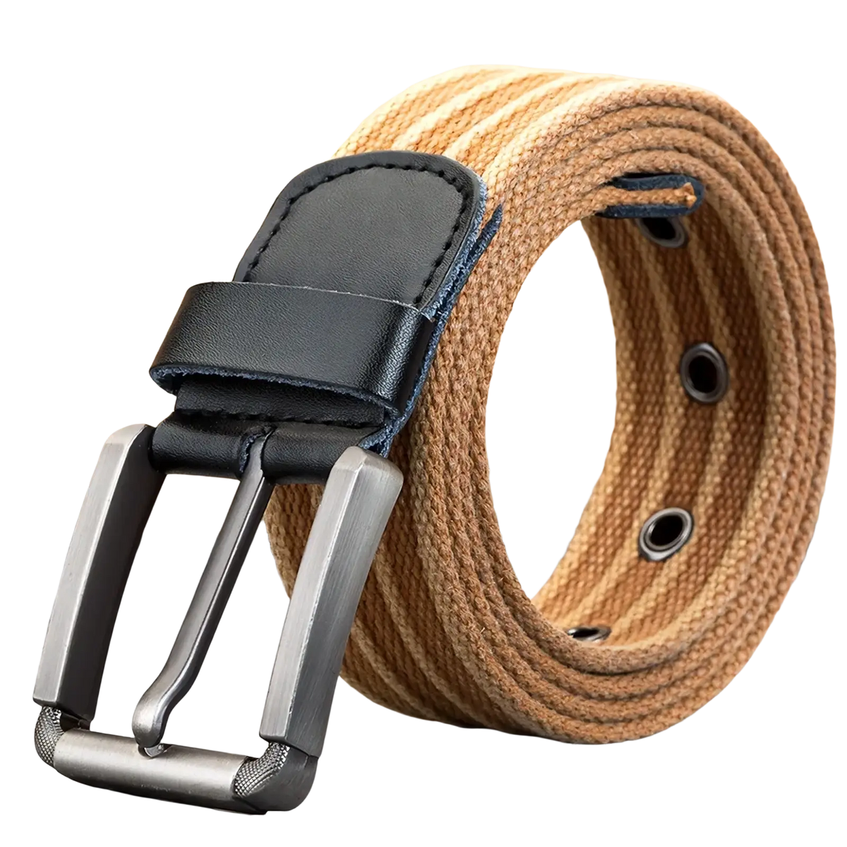 Men’s woven canvas belt in tan with black leather strap and silver toned metal pin buckle for formal wear