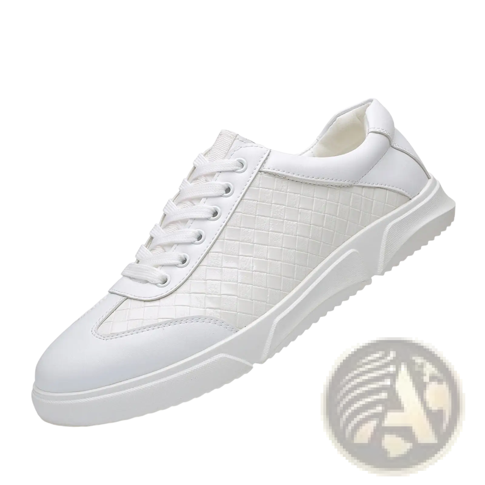Men’s woven leather casual sneaker in white featuring woven texture on the side and matching white laces