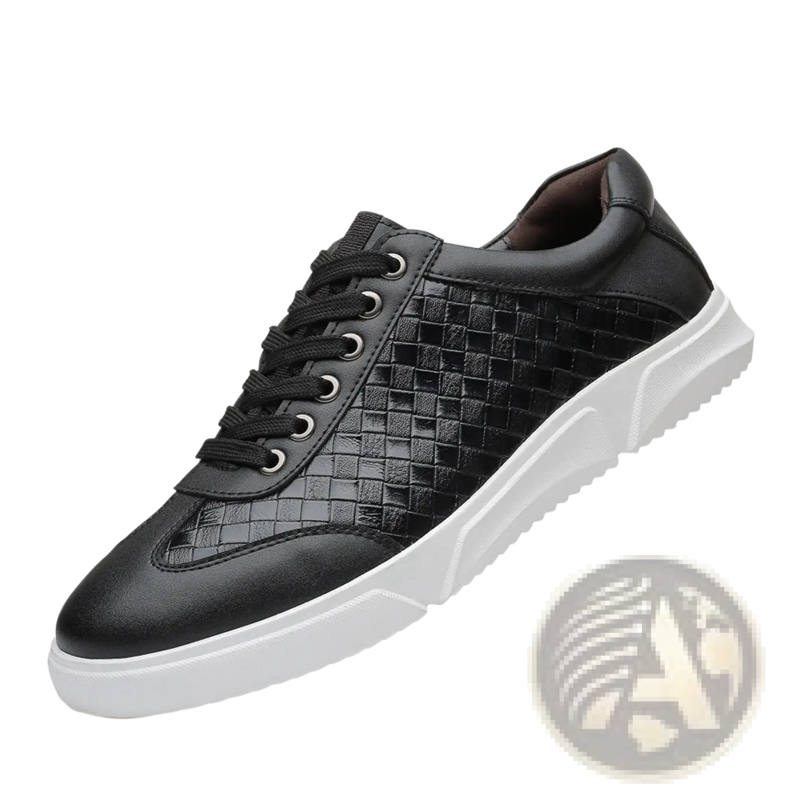 Men’s woven leather casual sneaker in black with a woven texture on the side and a white rubber sole