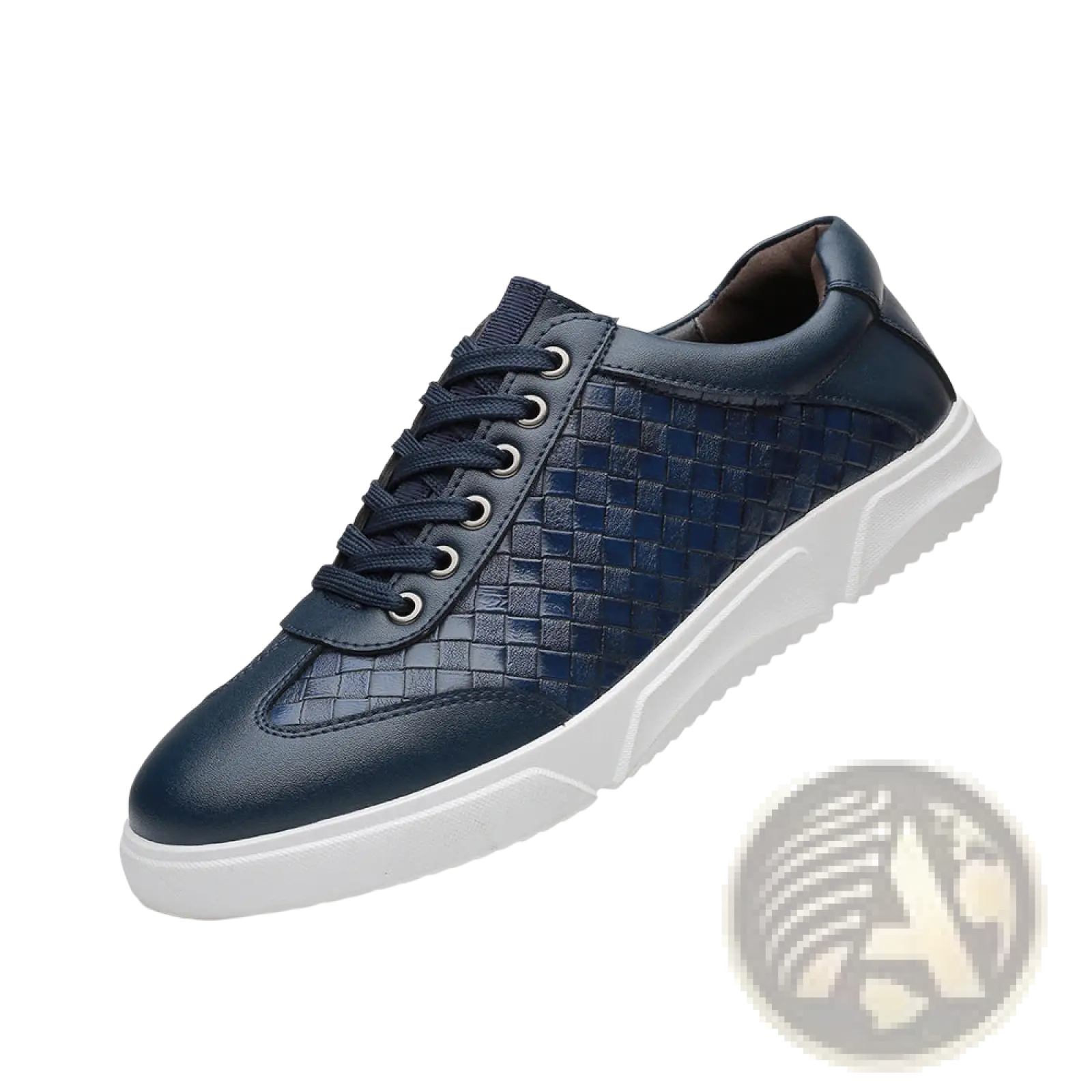 Men’s woven leather casual sneaker in navy blue with white rubber sole for stylish everyday wear