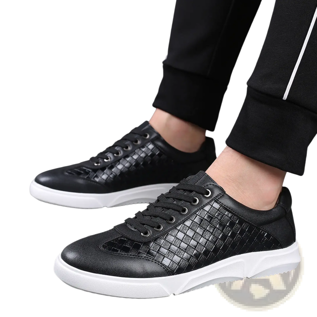 Men’s woven leather casual sneakers in black featuring a white rubber sole for everyday wear