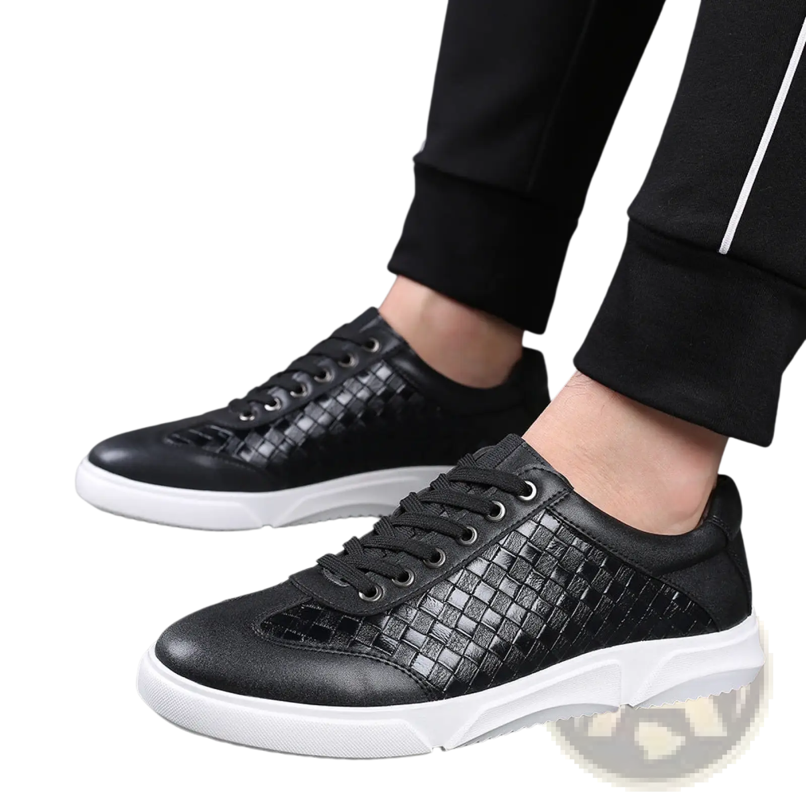 Men’s woven leather casual sneakers in black featuring a white rubber sole for everyday wear