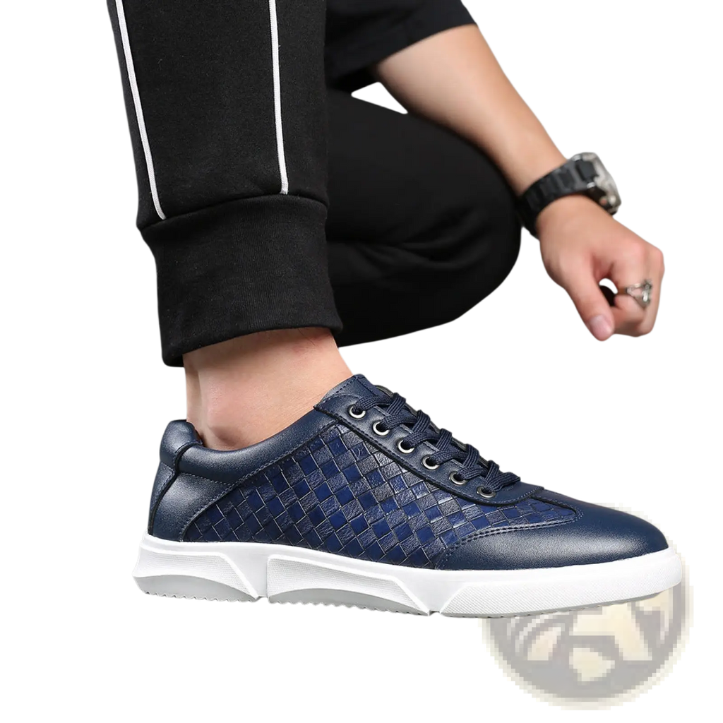 Men’s navy blue woven leather casual sneaker with white rubber sole for everyday wear