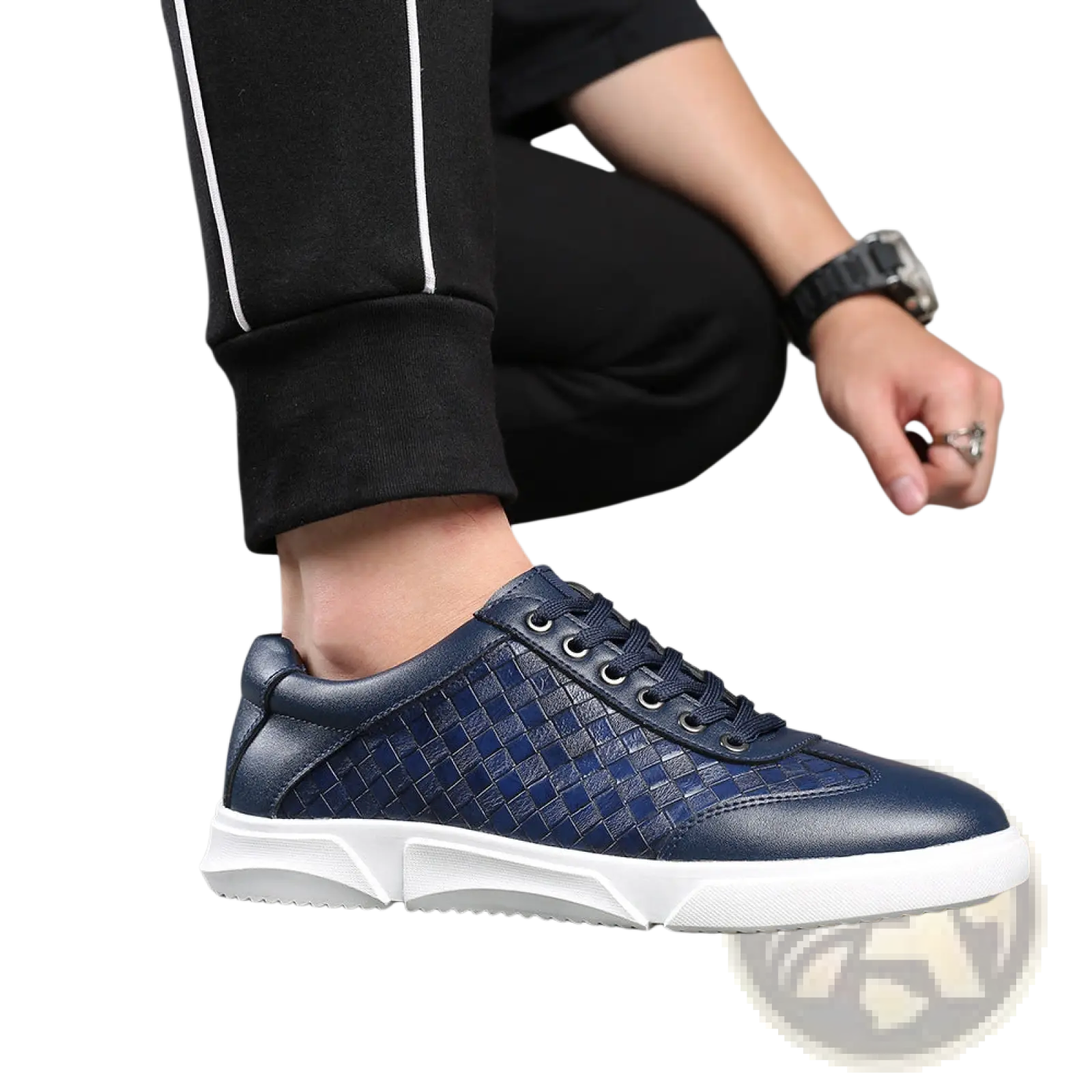 Men’s navy blue woven leather casual sneaker with white rubber sole for everyday wear