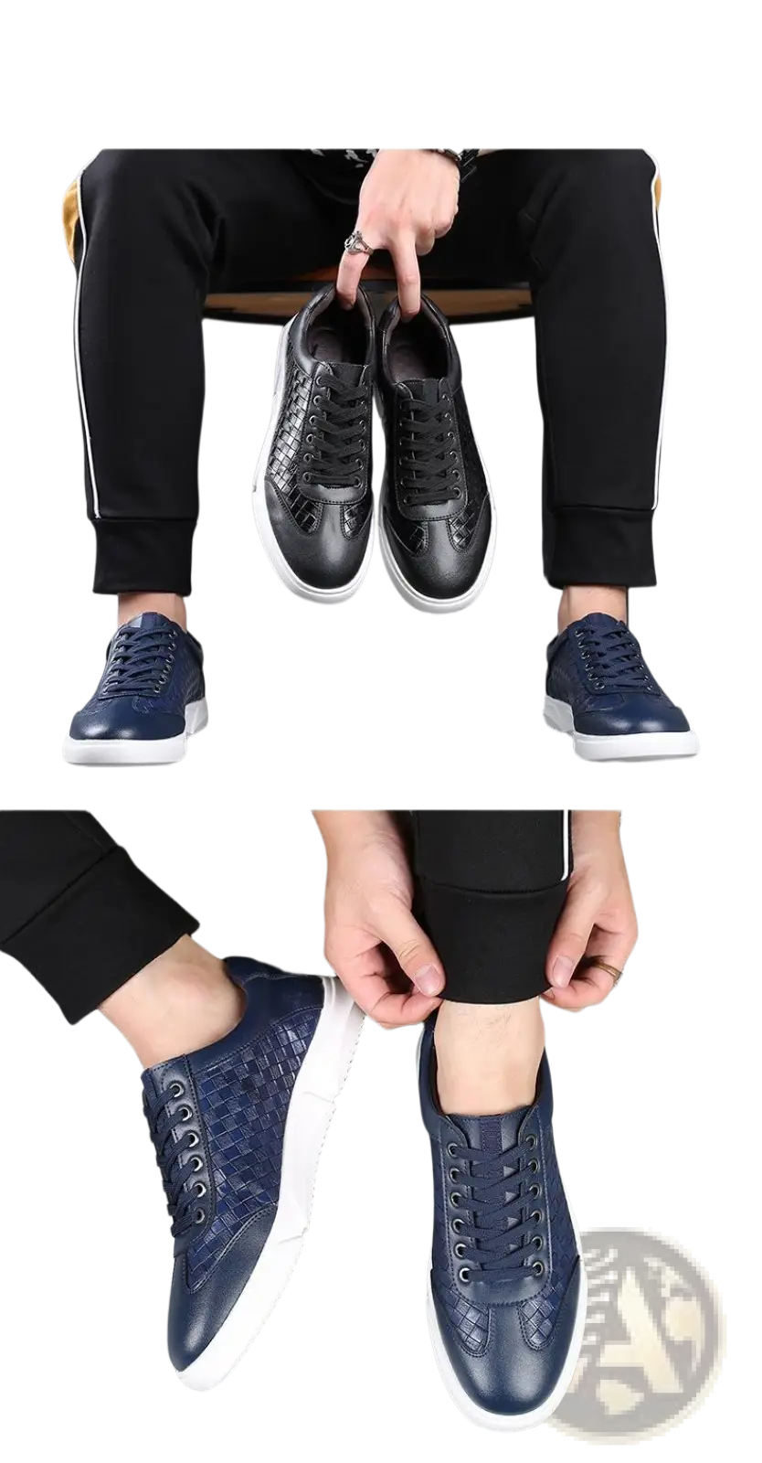 Men’s woven leather casual sneakers in navy blue with white soles and woven texture on the sides