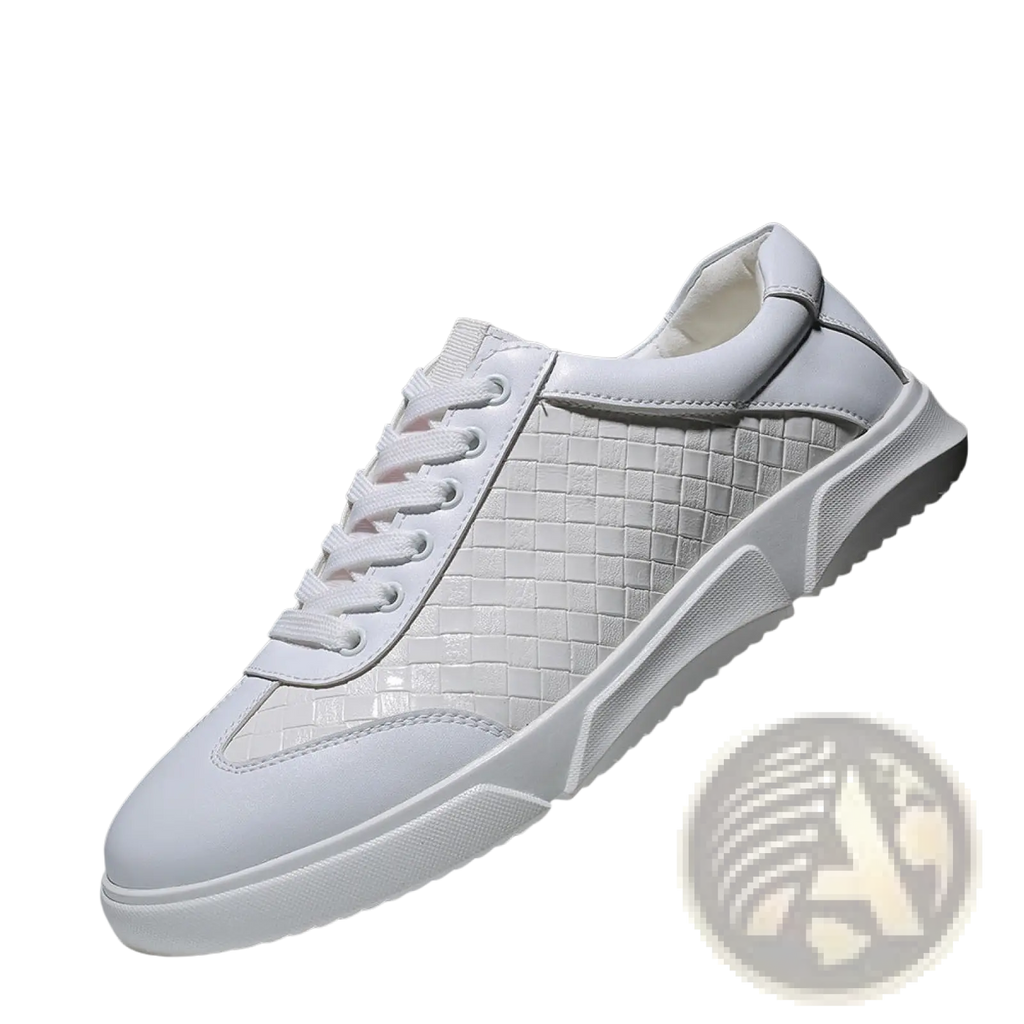 Men’s white leather casual sneakers with black woven side panels and chunky soles