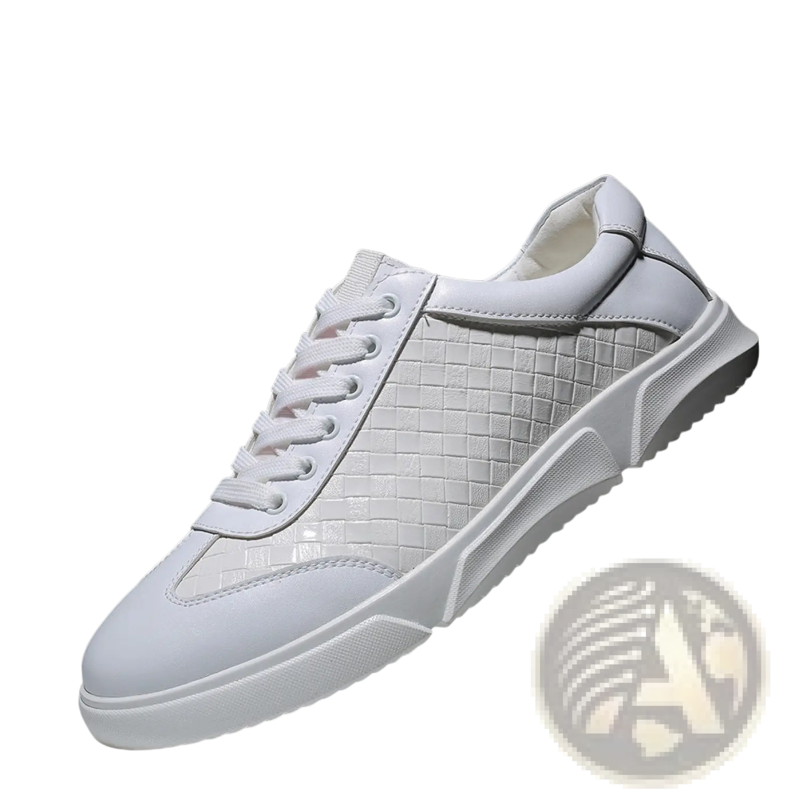 Men’s white leather casual sneakers with black woven side panels and chunky soles