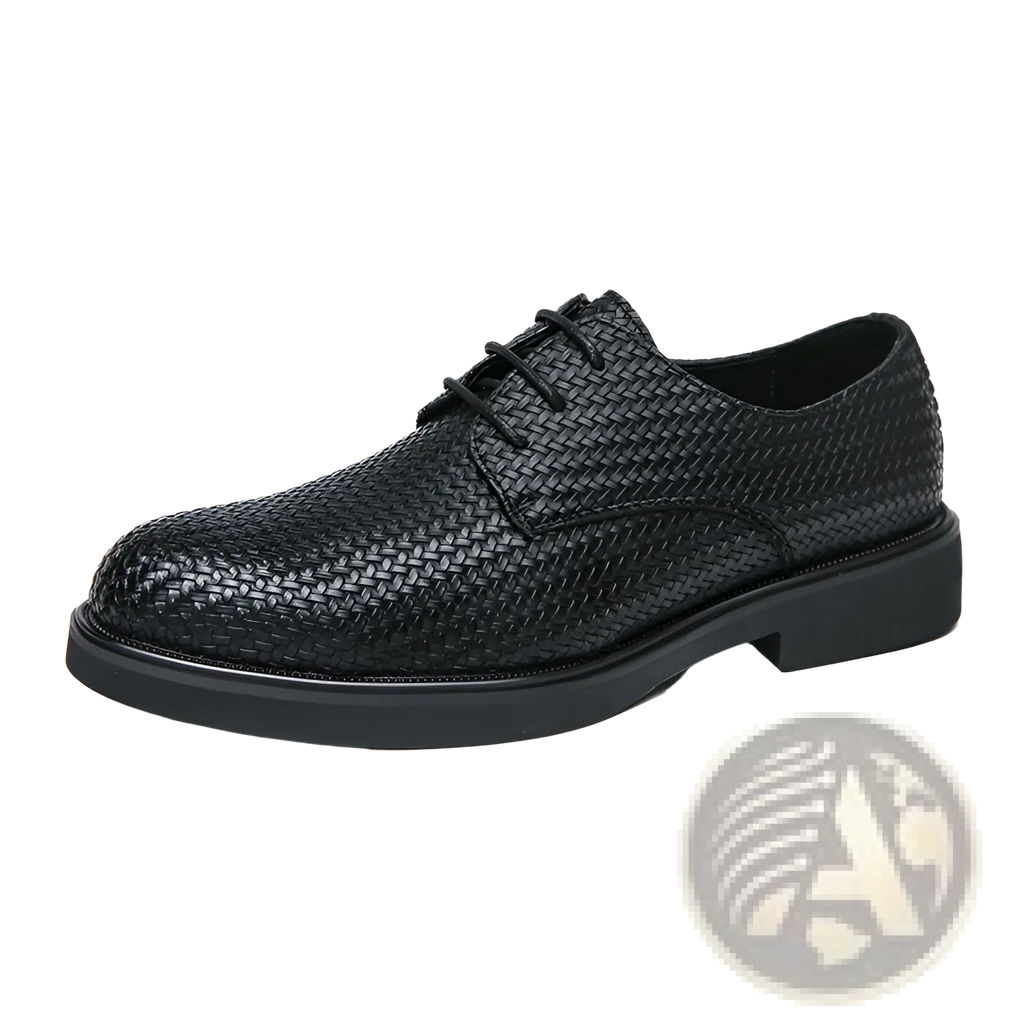 Men’s woven leather platform British dress shoe in black with lace-up design and solid rubber sole
