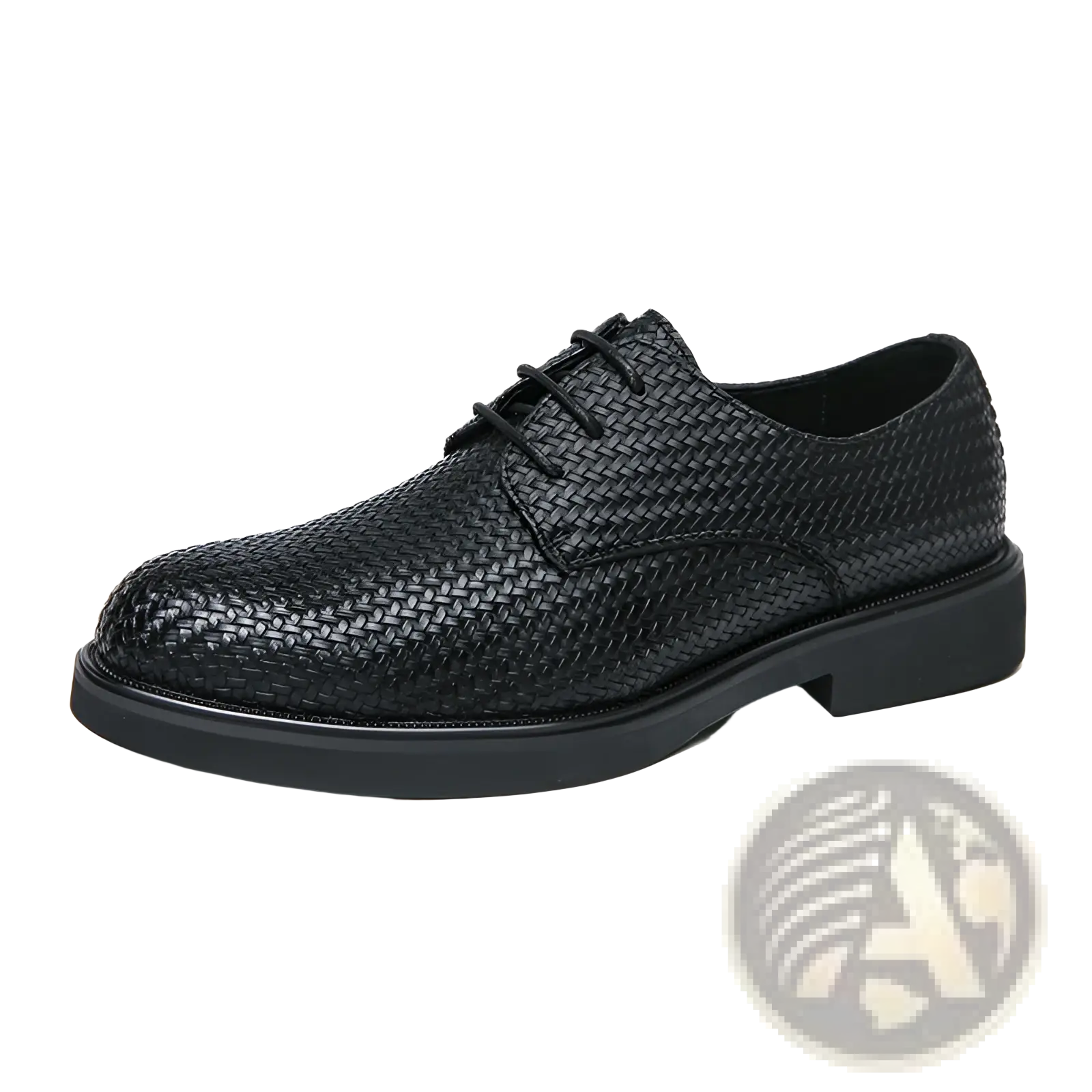 Men’s woven leather platform British dress shoe in black with lace-up design and solid rubber sole