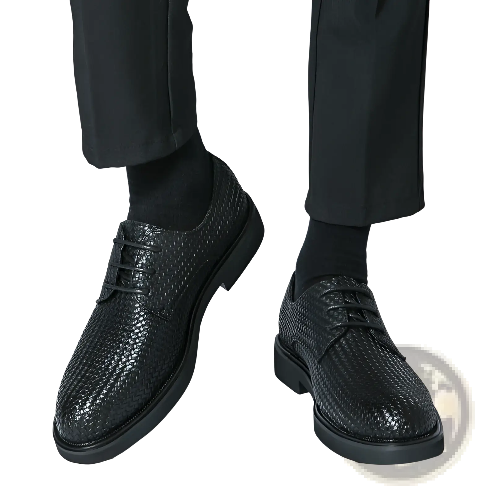 Men’s black woven leather platform British dress shoes with textured upper and thick lace-up soles