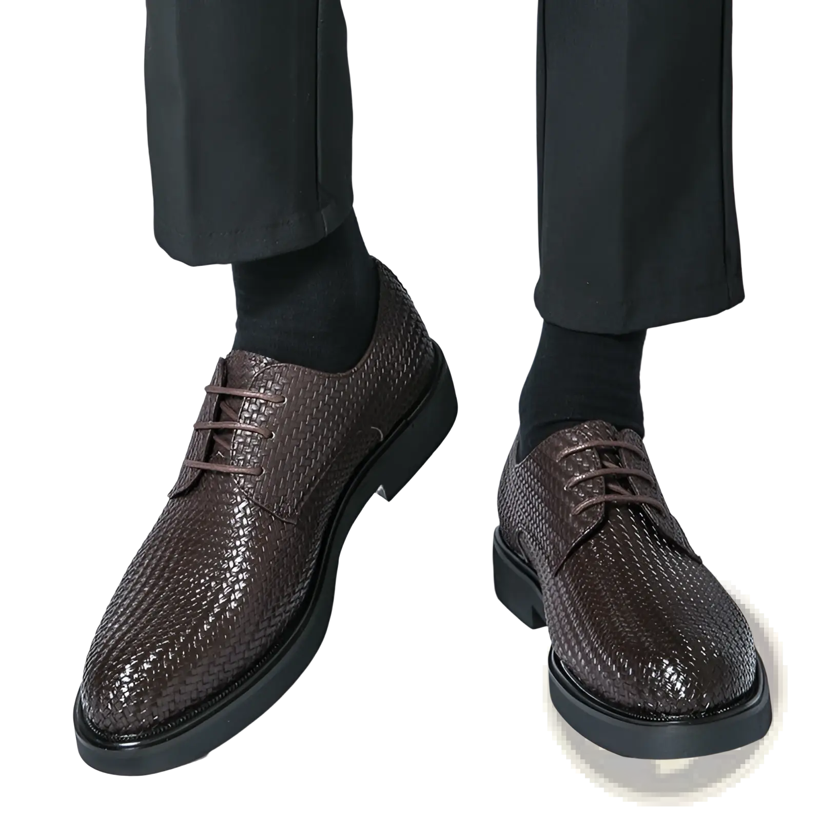 Men’s brown woven leather platform British dress shoes with lace-up closure and black rubber soles