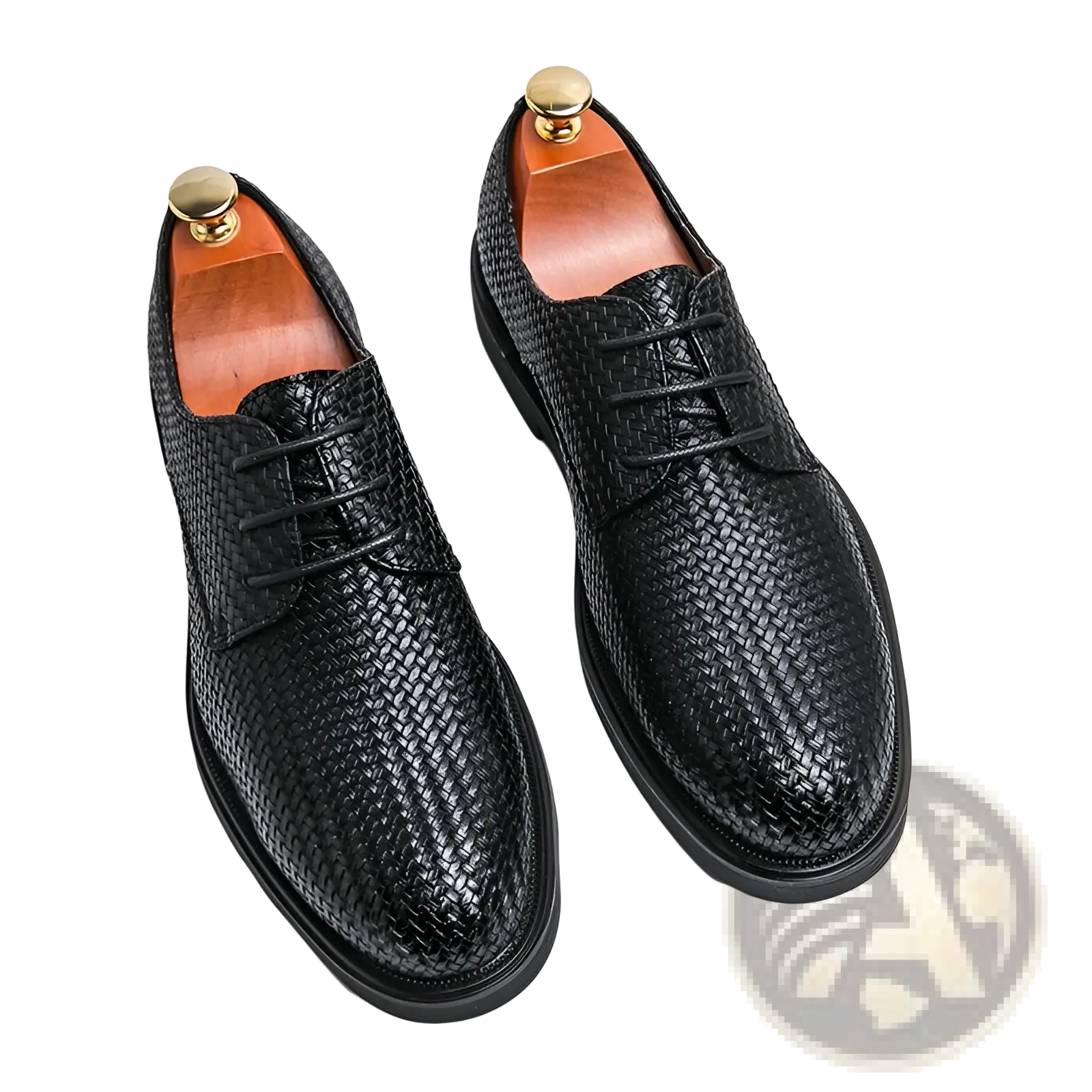 Men’s black woven leather platform British dress shoes with textured pattern and gold-toned shoe trees