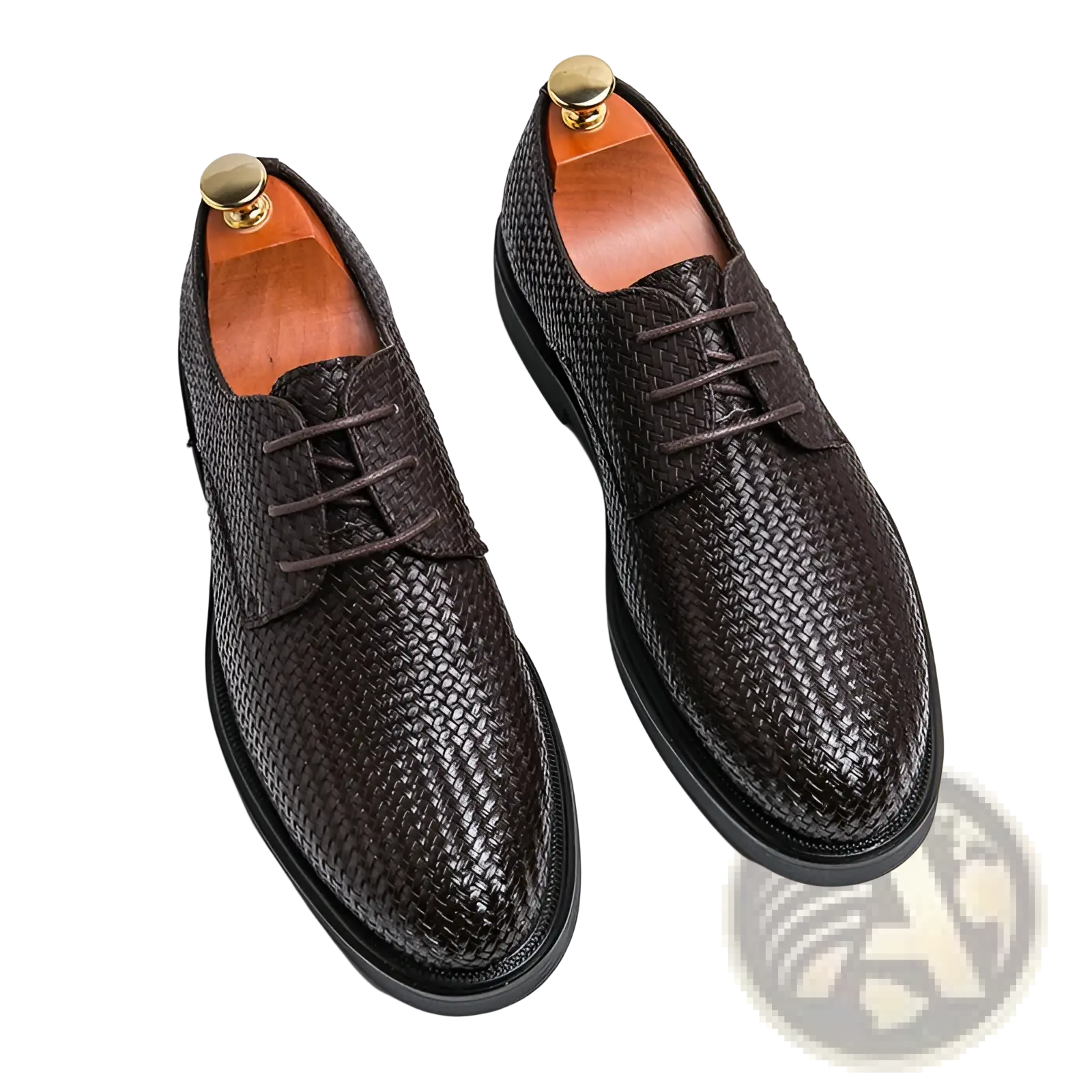 Men’s dark brown woven leather lace-up British dress shoes with textured pattern and black rubber soles
