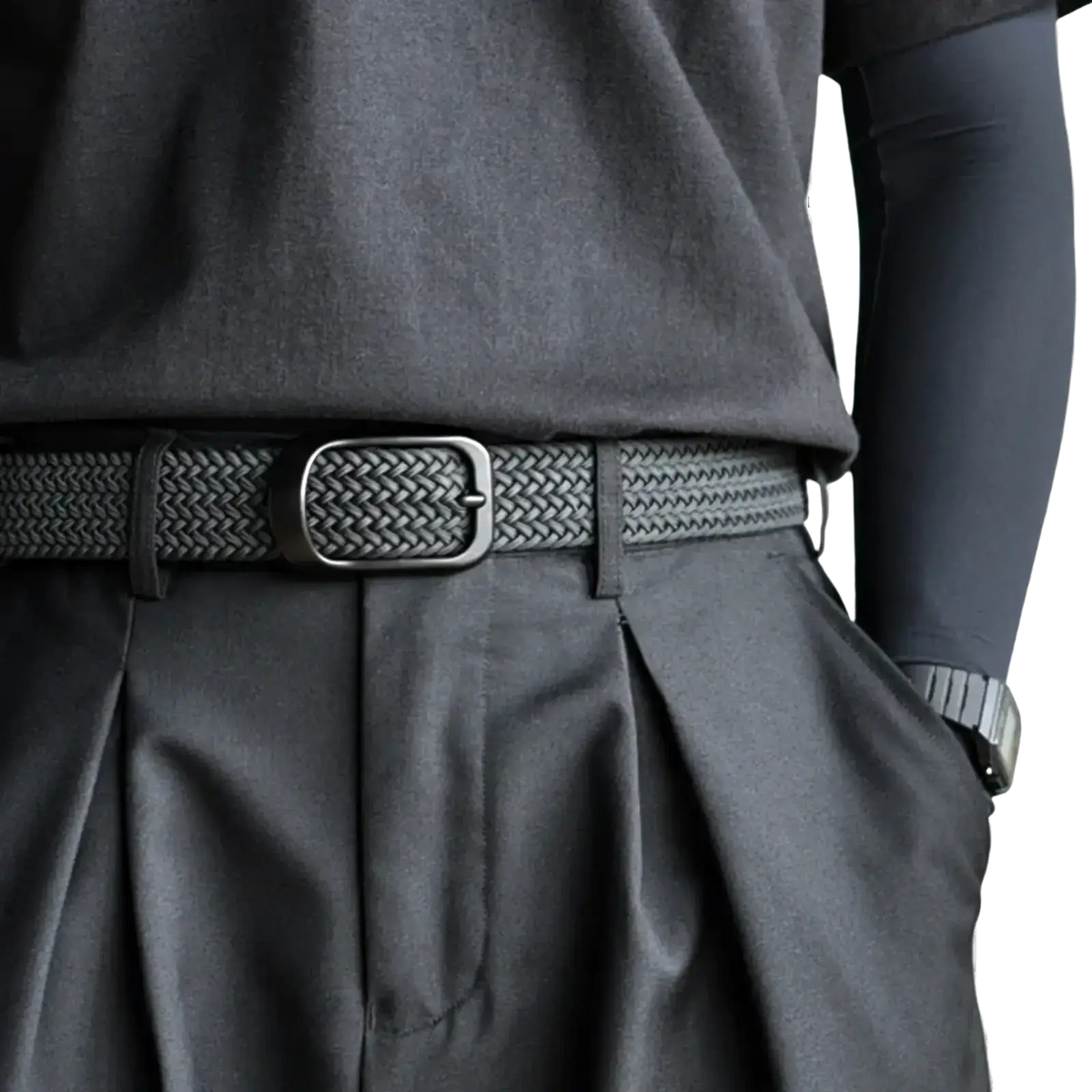 Black woven stretch belt with silver-toned rectangular buckle casual canvas golf strap for men