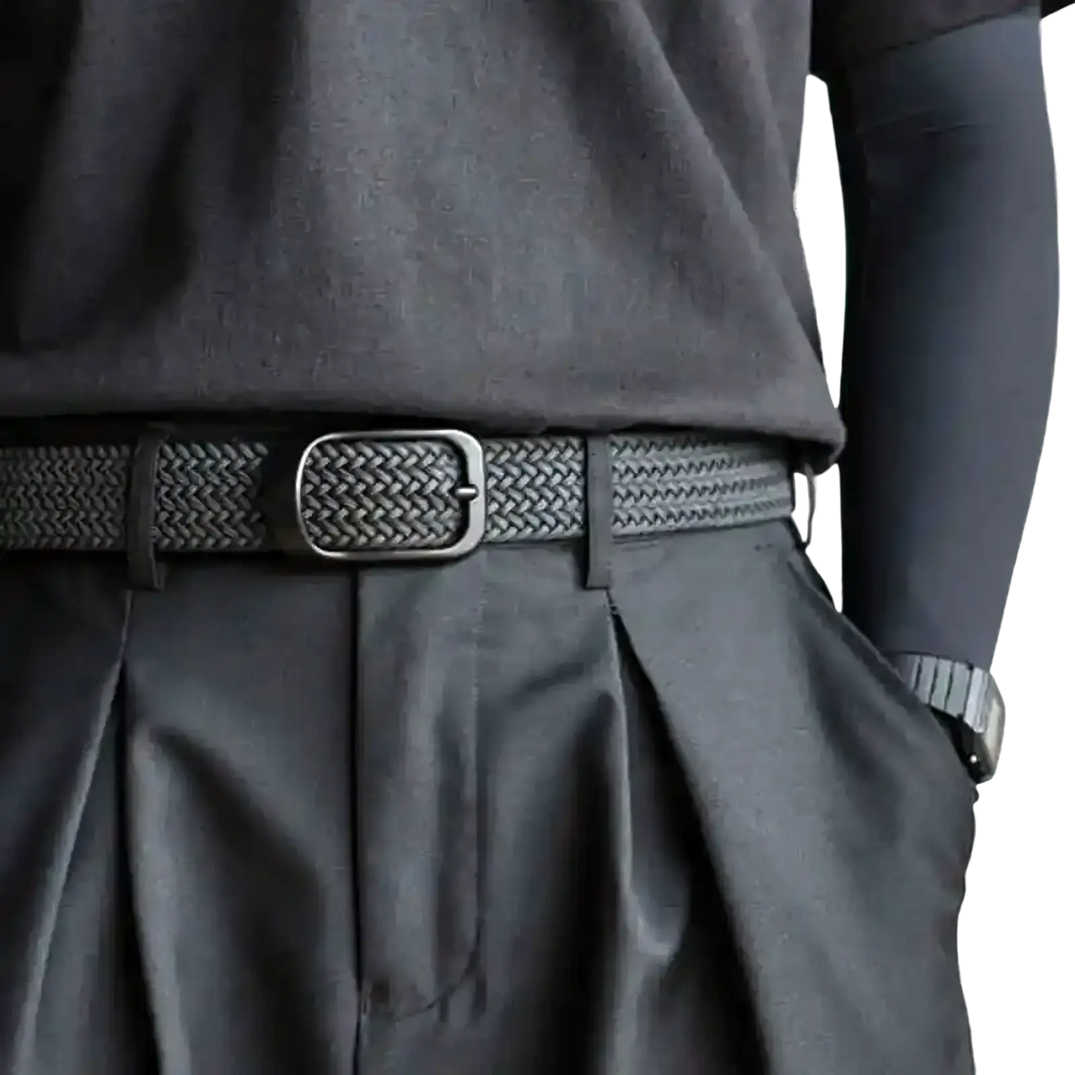 Black woven stretch belt with silver-toned rectangular buckle casual canvas golf strap mens woven stretch belt