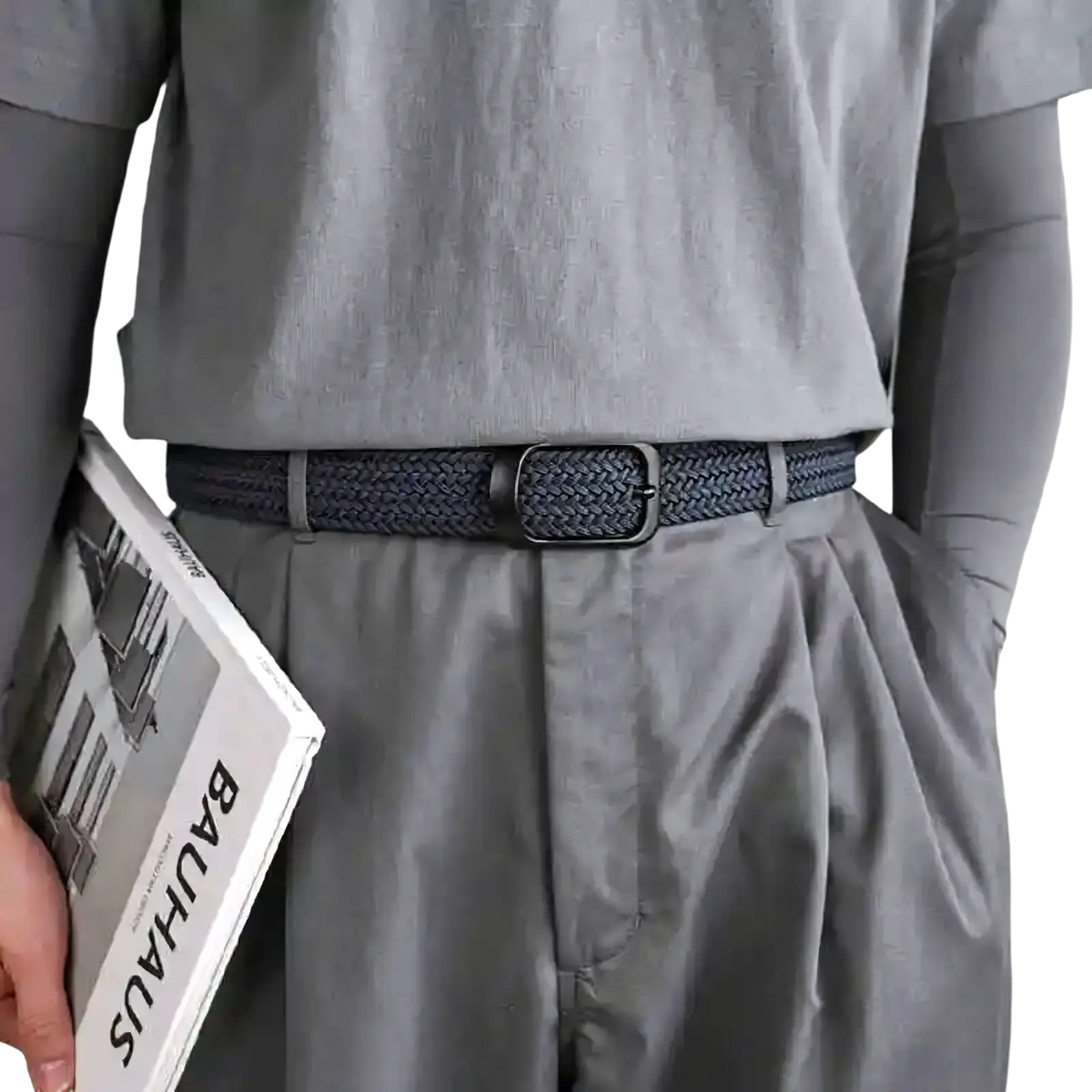 Dark blue mens woven stretch belt with sleek black metal buckle made of casual canvas for golf and everyday use