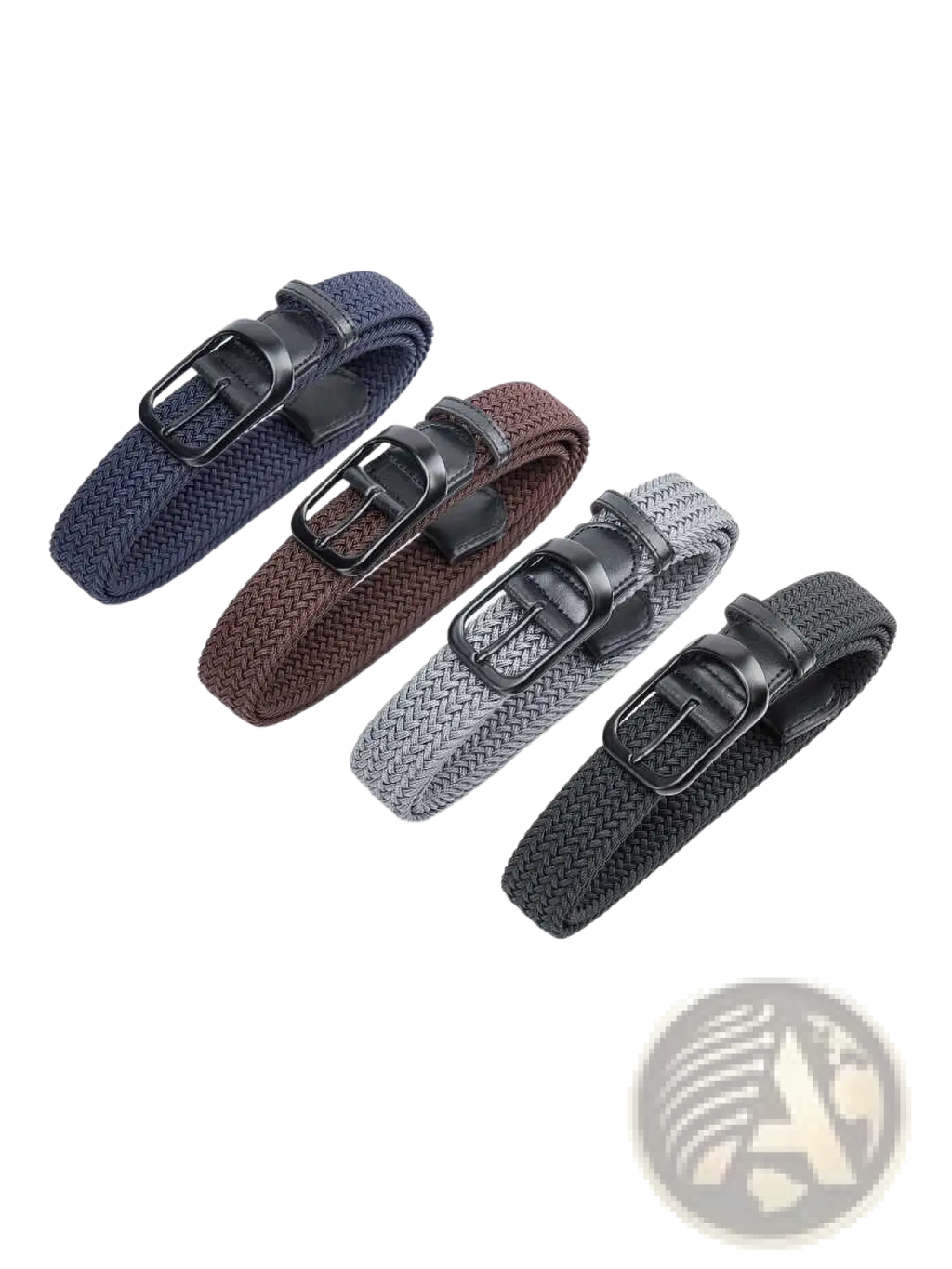 Mens woven stretch belt 4 pack casual canvas golf strap in navy brown gray and black with matching metal buckles