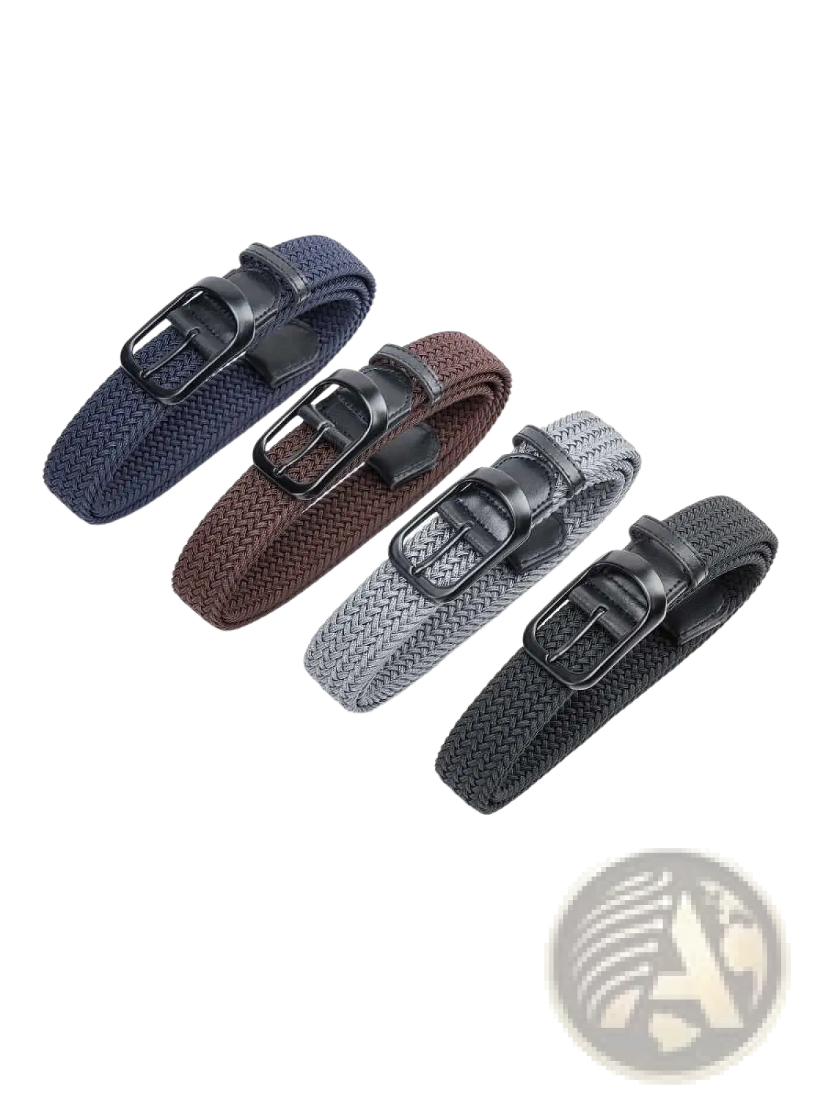 Mens woven stretch belt 4 pack casual canvas golf strap in navy brown gray and black with matching metal buckles