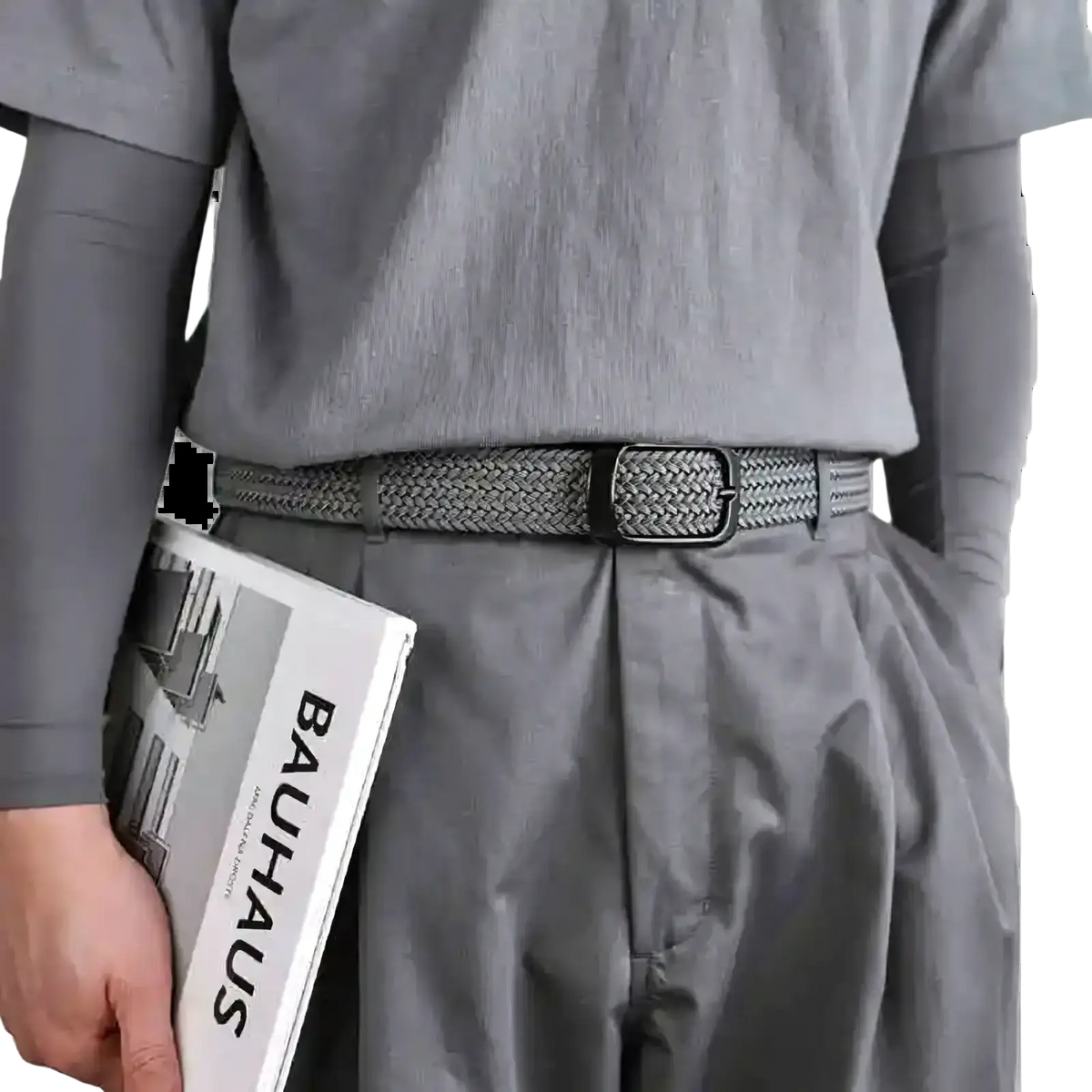Gray woven stretch belt with black rectangular buckle made of canvas for casual and golf use in mens 4 pack set