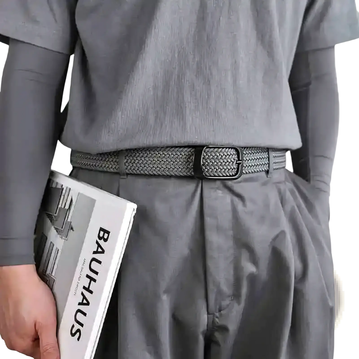 Gray woven stretch belt with black rectangular buckle made of casual canvas for mens golf and everyday wear