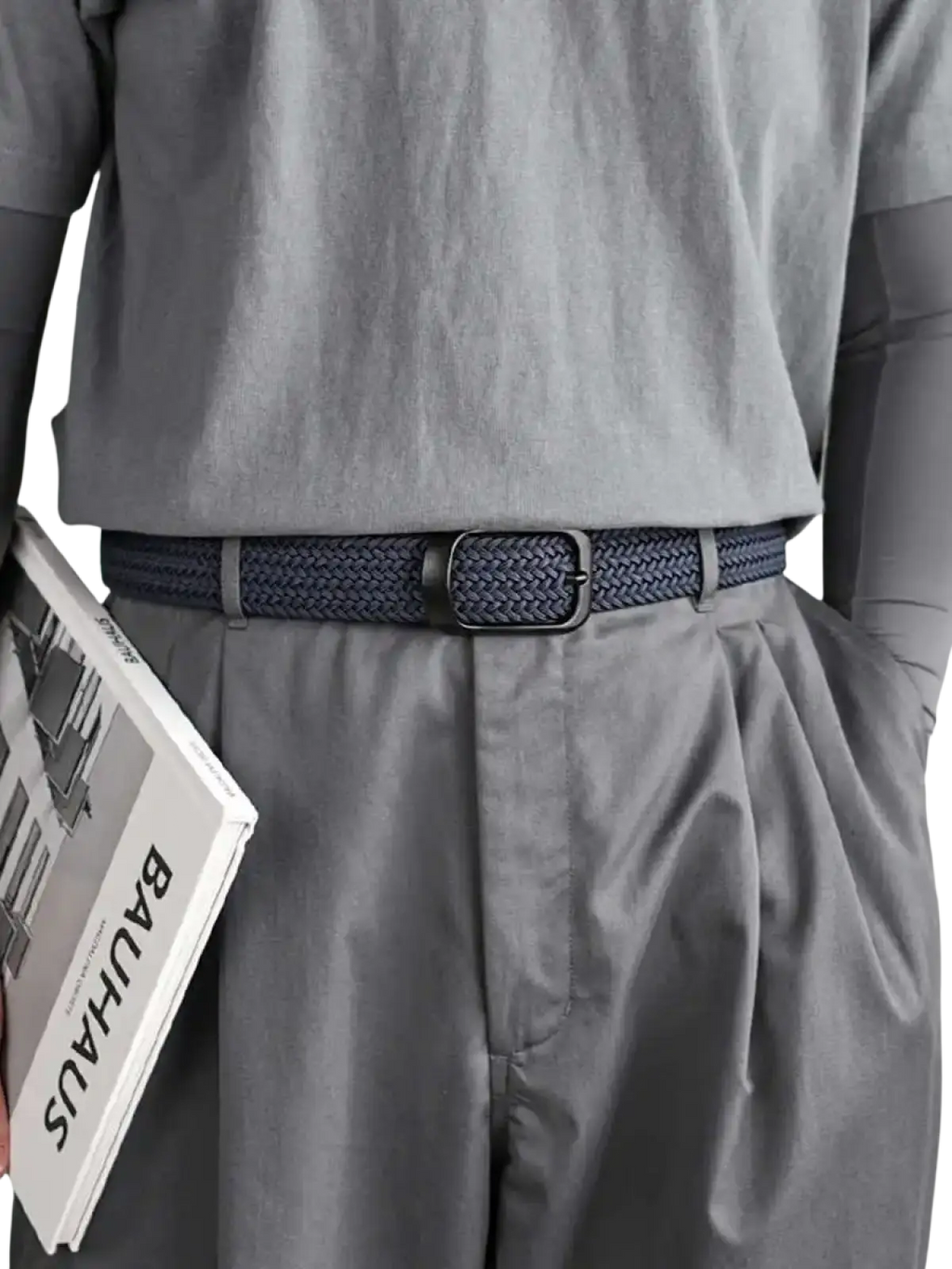 Navy blue mens woven stretch belt with braided canvas strap and matte black rectangular buckle for casual and golf use
