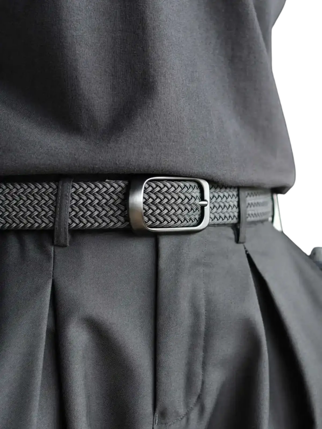 Mens woven stretch belt 4 pack featuring a sleek black woven canvas belt with a matte silver rectangular buckle